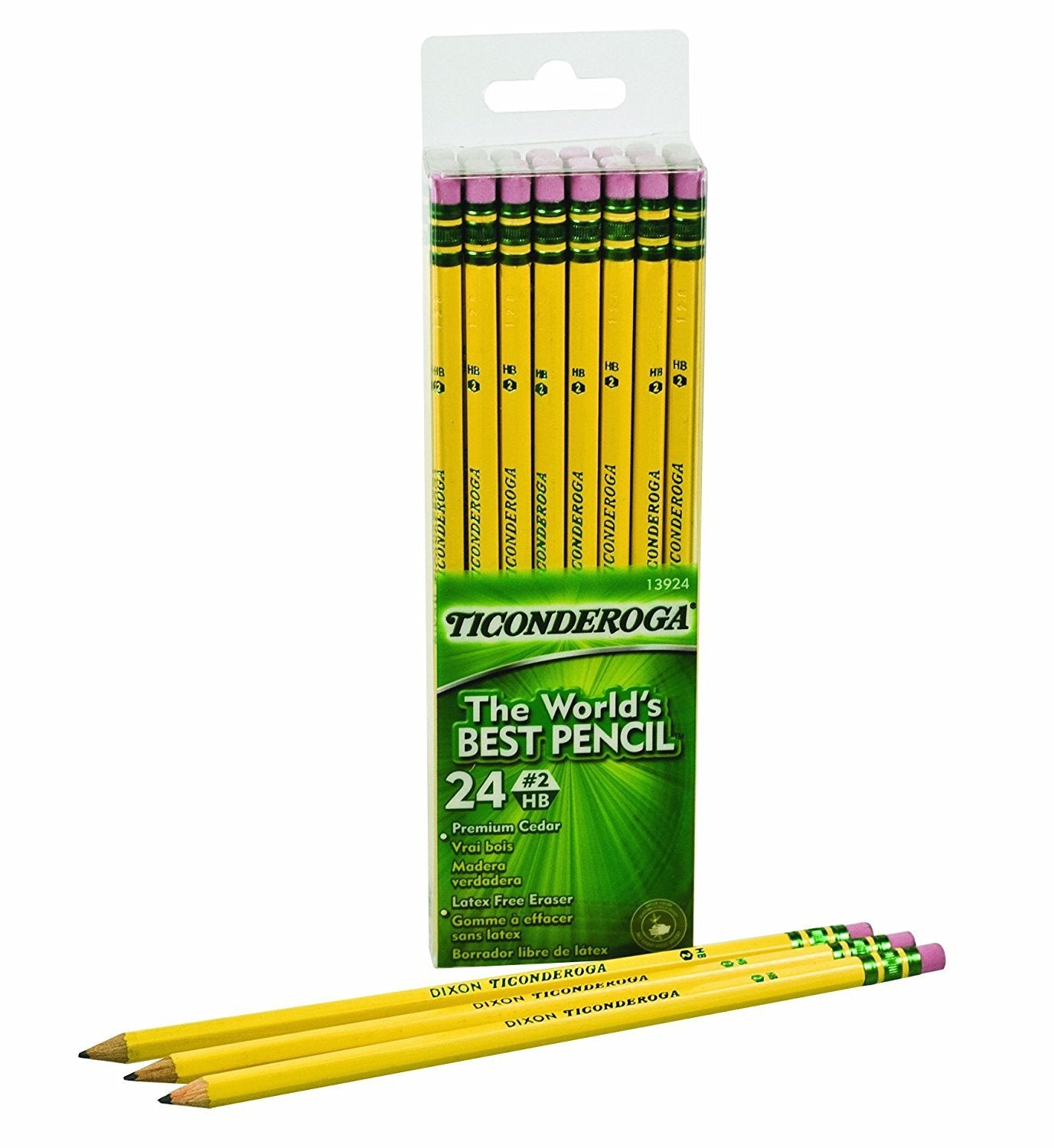 Ticonderoga #2 Pencils, Wood-Cased, 6 24-Count Hang-Tab Boxes, Total 144 Pencils, Yellow (13924) (13924N)
