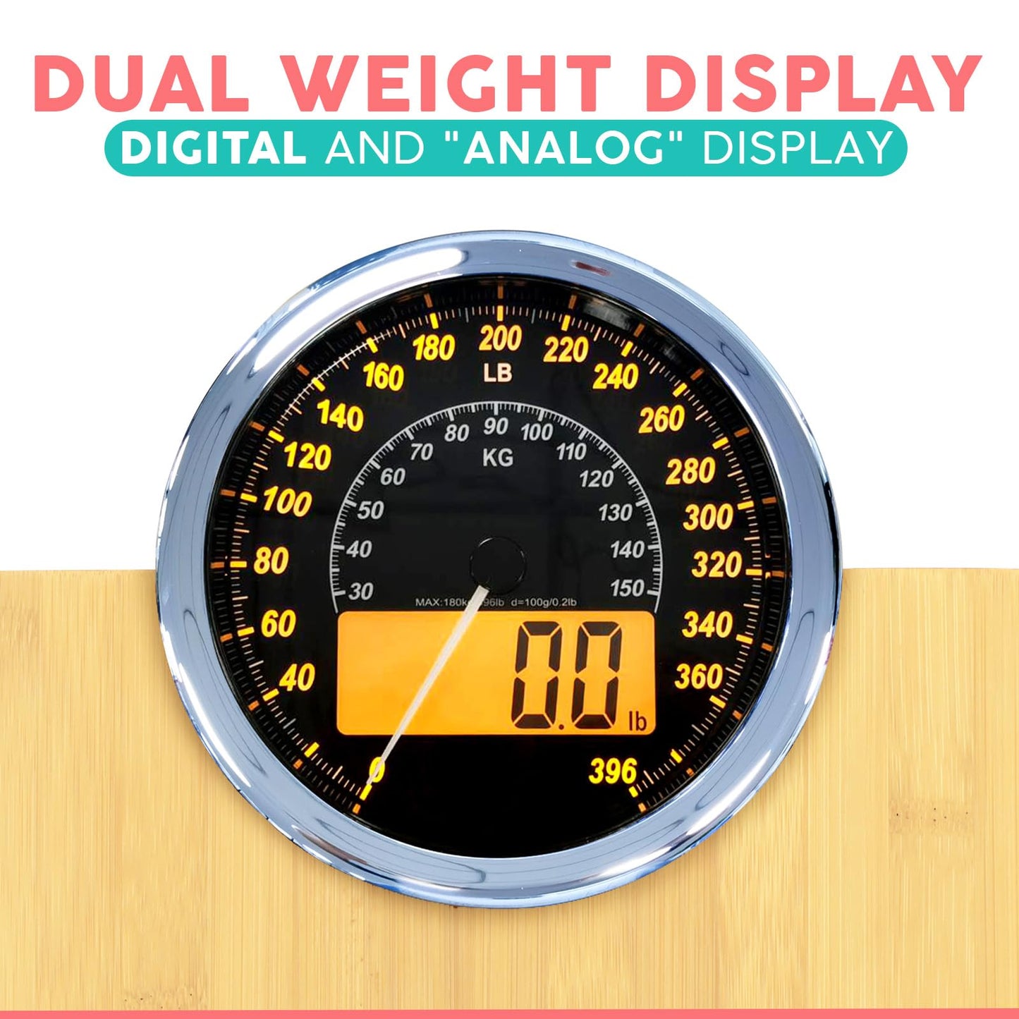 Adamson Hybrid 2-in-1 Analog & Digital Weighing Scale for Body Weight up to 400lbs + Thick Tempered Glass + Extra Large Display + Easy to Read Digital Bathroom Scale + New - Wood