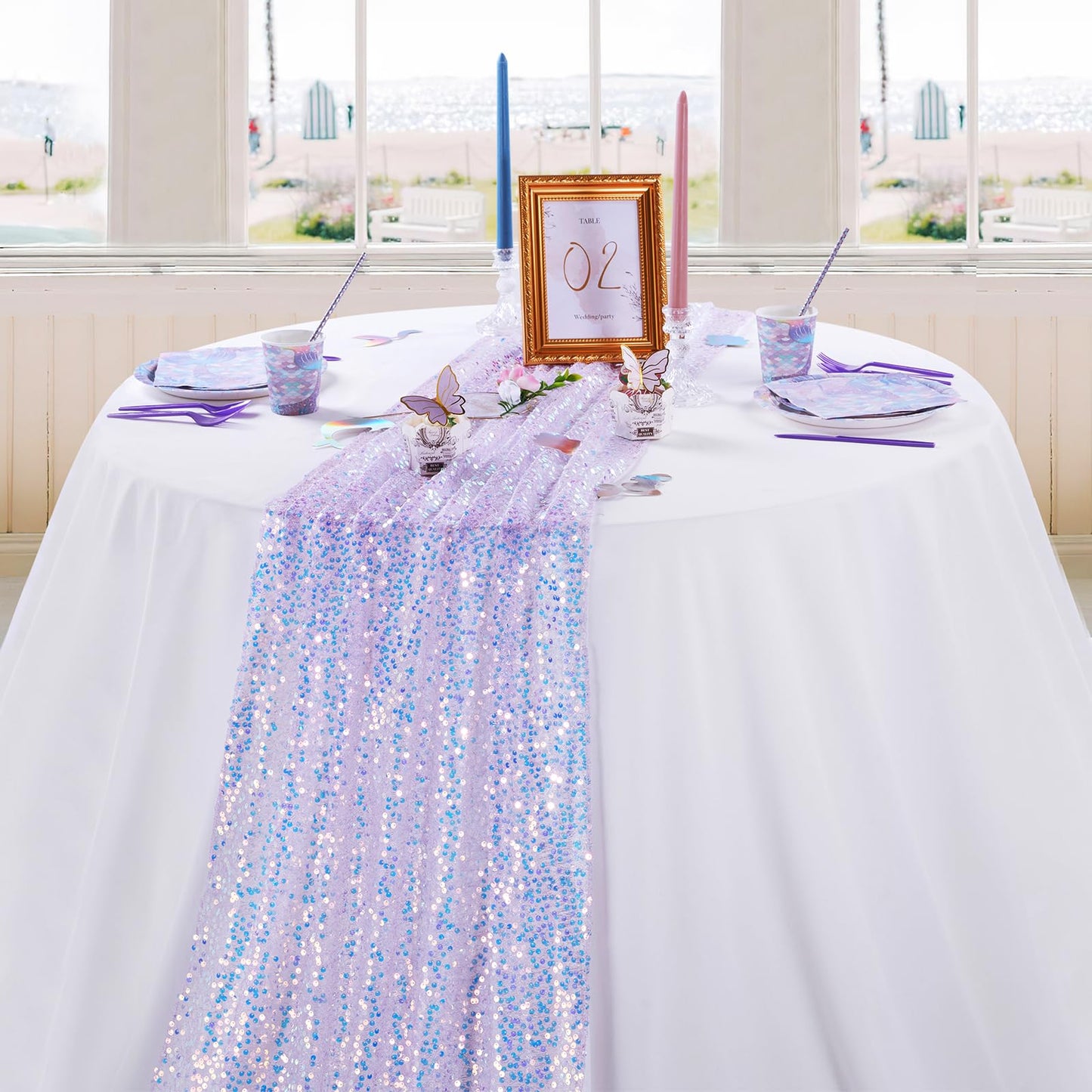 3 Packs Mermaid Party Table Runner 25x120 Inches Purple Table Runner Glitter Sequin Fabric Mermaid Birthday Decorations