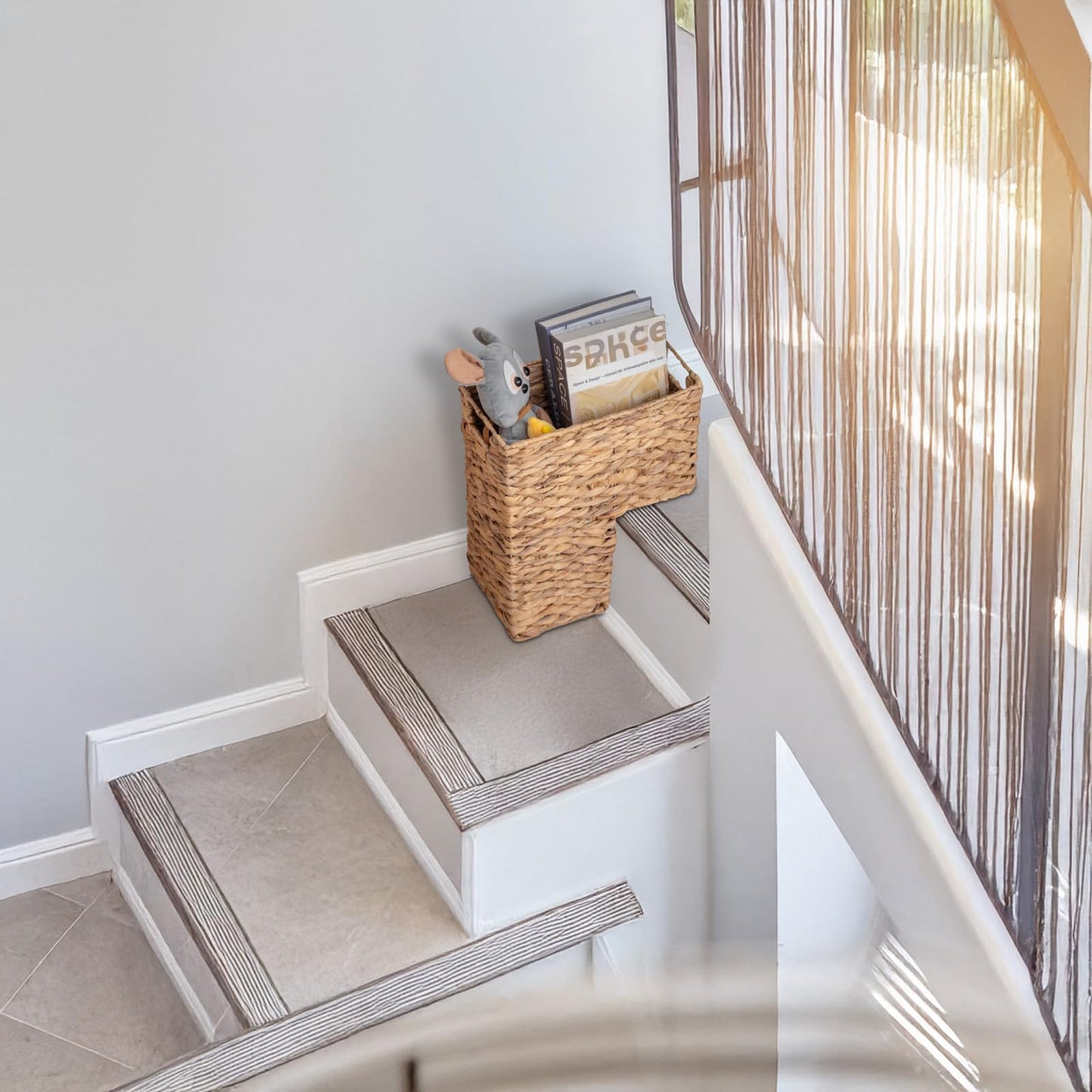 YAHUAN Stair Basket with Handles, Woven Water Hyacinth Stair Baskets for Carpeted Stairs, Stair Storage Basket Staircase Basket for Wooden Stairs (Water Hyacinth)