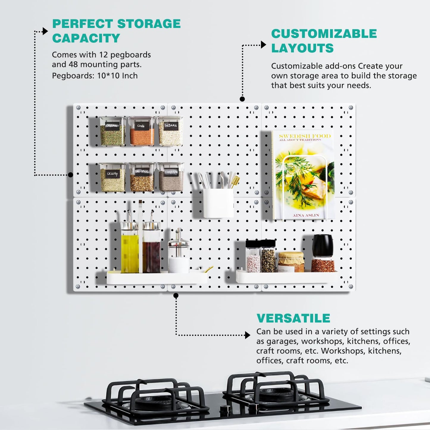 12Pcs Peg board, Pegboard Wall Organizer Panels, Wall Mount Display Small Pegboard Kits, Pegboard, Peg Boards for Wall Craft Room, for Kitchen, Garage, Workshop, Tool Accessories - White Pegboard
