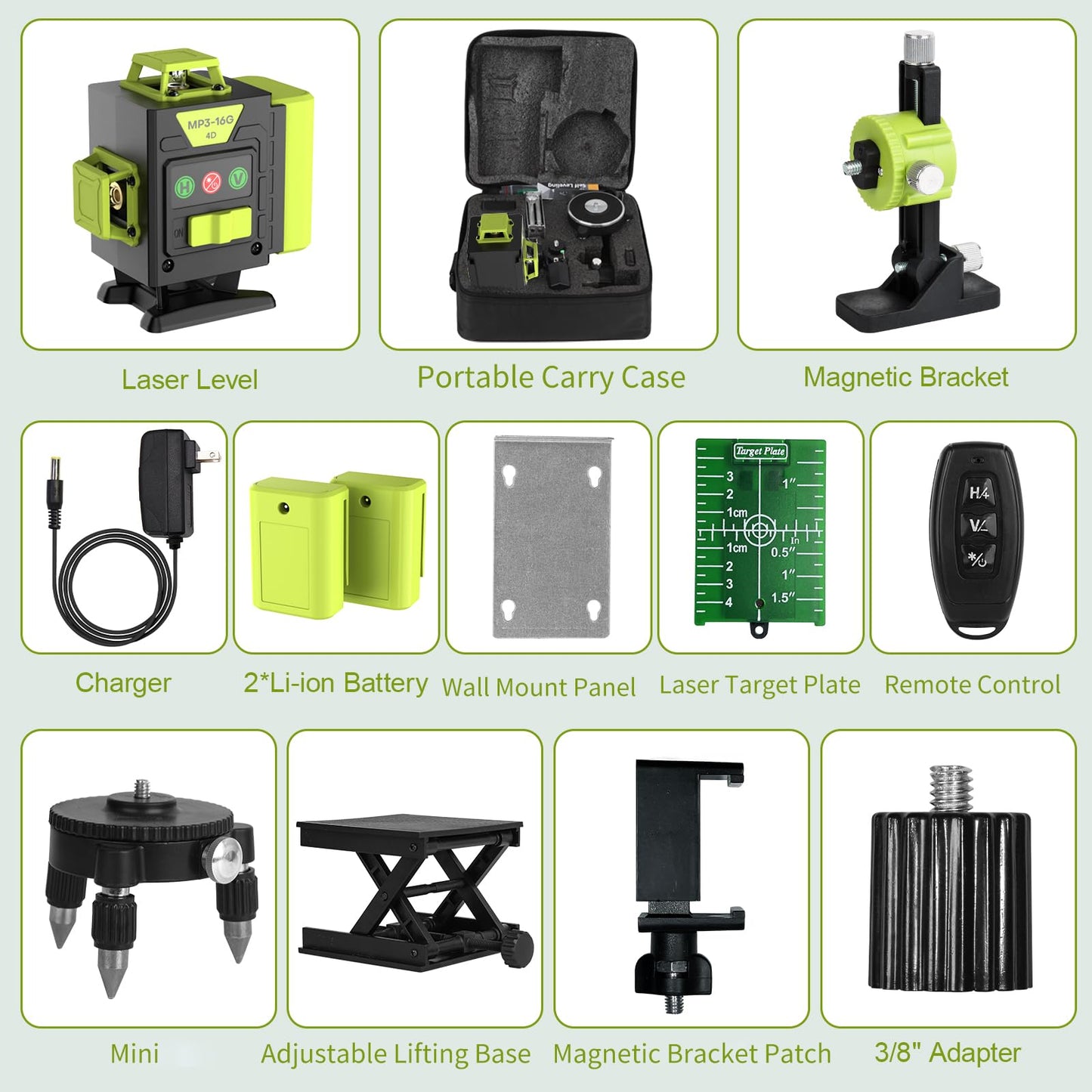 16 Line Laser Level 360 Self Leveling,4x360° Professional 4D Cross Line Green lazer Level with 2 Batteries for Construction and Picture Hanging,Adjustable Brightness Magnetic Bracket,Remote Control