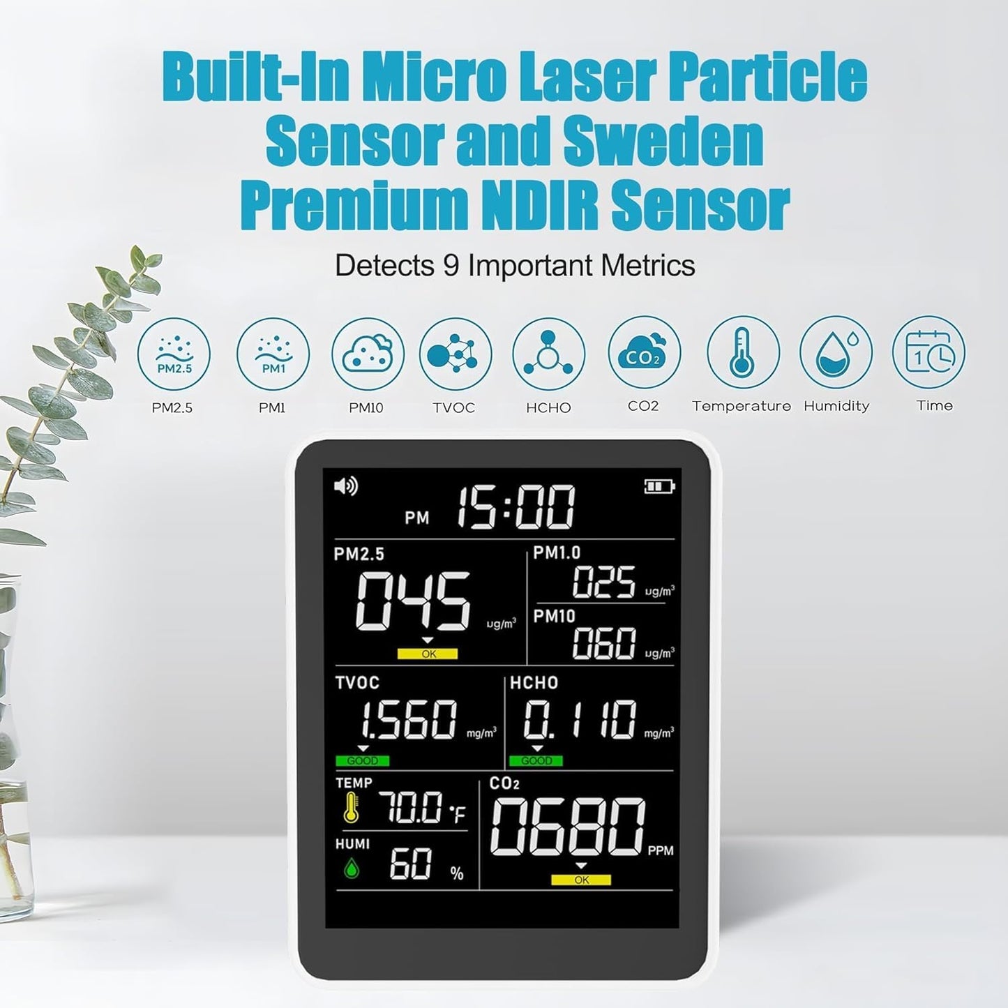 9-in-1 Professional Indoor Air Quality Monitor Indoor Portable PM2.5/PM10/CO2,Temperature, Formaldehyde Detector,Humidity TVOC,Time Display Air Quality Tester (Pearly White)