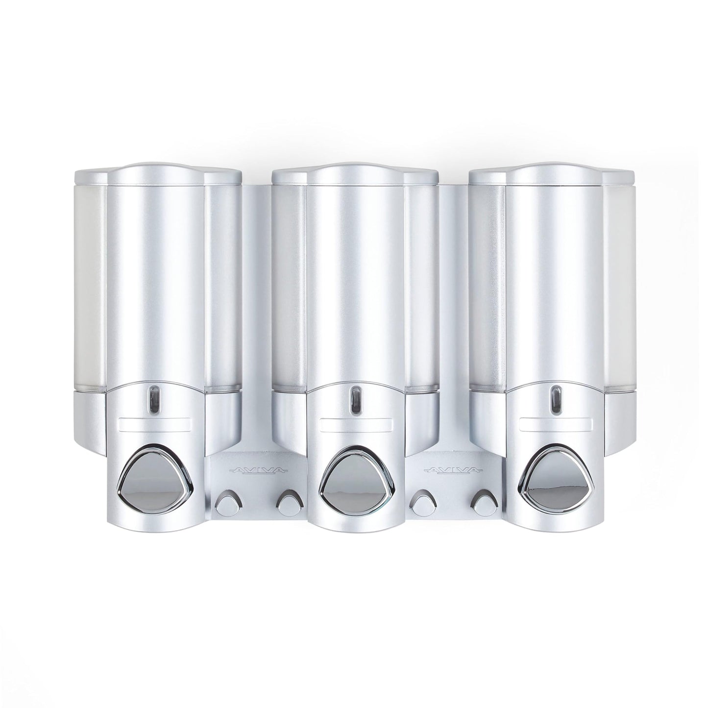 Better Living Aviva Shower Dispenser 3 Chamber, Wall Mount Shower Soap Dispenser for Bathroom Hotel Body Wash, Built-in Hooks, No Drill, Waterproof Shampoo Soap Dispenser, 3 x 11 oz, Satin Silver