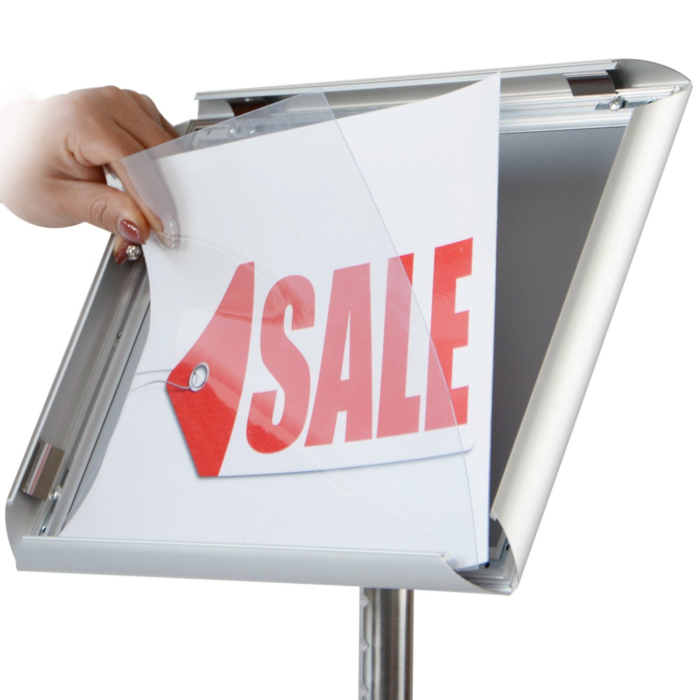 T-SIGN Adjustable Pedestal Sign Holder Poster Stand - 11 x 17 Inch Vertical & Horizontal Sign Stand Displayed Poster Holder - Round Base Sign Stands for Display, Outdoor Sign Holder - Silver