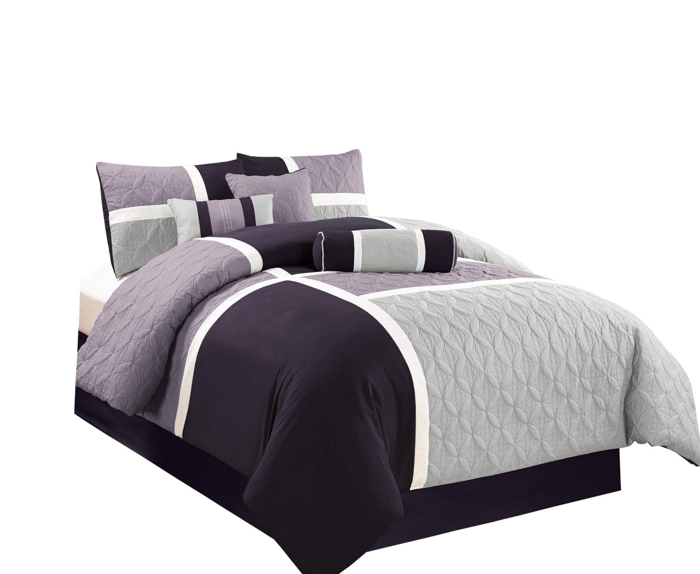 Chezmoi Collection Upland 7-Piece Quilted Patchwork Comforter Set, Lavender/Gray/Purple, Queen