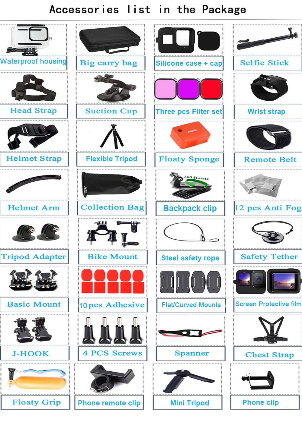 Accessories Kit for Gopro Hero 13 12 11 10 9 Black Waterproof Housing Silicone Case Glass Screen Protector Bundle for Go pro Gopro13 Gopro12 Gopro11 Gopro10 Hero13 Hero12 Hero11 Hero10 Camera 62E