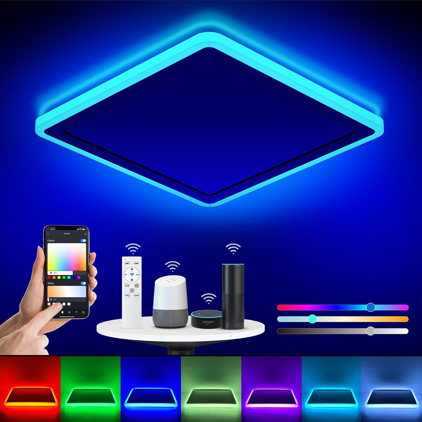 Annaror Smart LED Ceiling Light WiFi, 13in RGB Flush Mount Lighting Fixture with Remote, Compatible with Alexa Google Home, Low Profile Ceiling Light for Bedroom, Kitchen, Square White