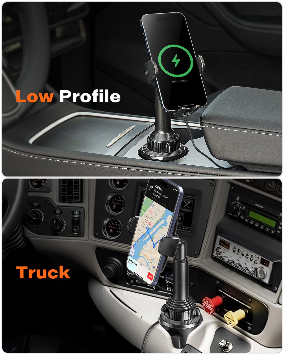 APPS2Car Solid Cup Holder Phone Mount for Car Wireless Charger 15W with Quick Extension Long Arm Fast Swivel Adjustable Height 360 Rotatable Low Profile for iPhone 15 Pro Max Plus 14 13 12 11 XS X