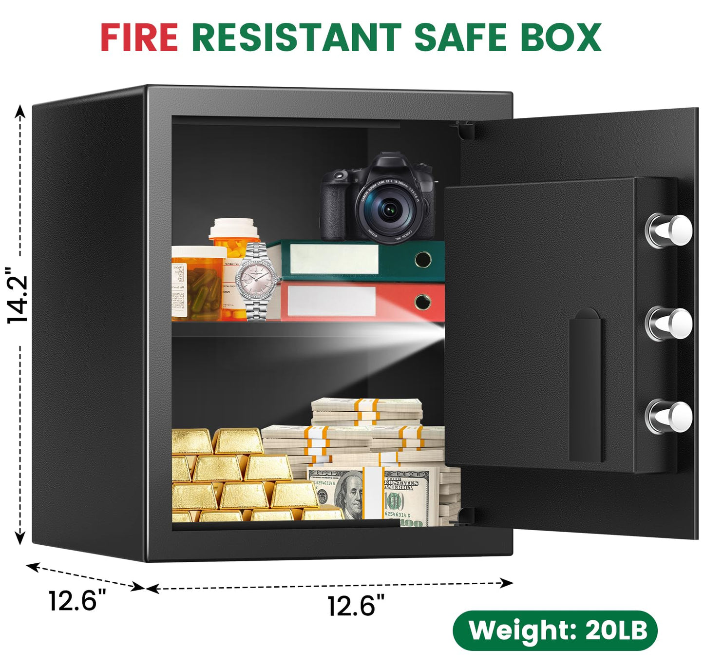 2.0 Cuft Biometric Safe Box, Fireproof Safe for Home with Digital Keypad and Spare Keys, Safety Box for Money, Documents, and other Valuables