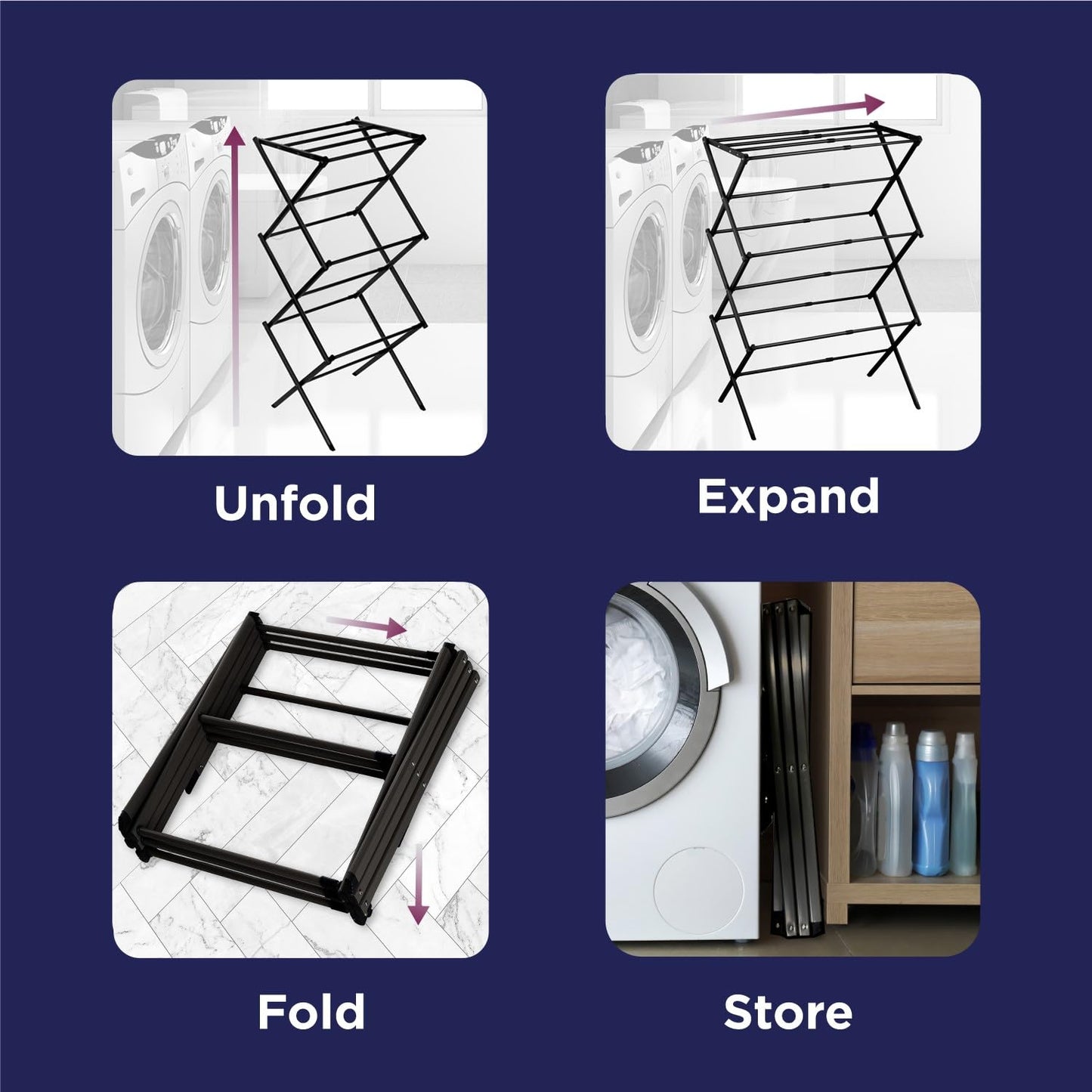 Black+Decker 3 Tier Expandable Collapsing Foldable Laundry Rack for Air Drying Clothing, Space Saving Heavy Duty Lightweight Metal Drying Rack, Black