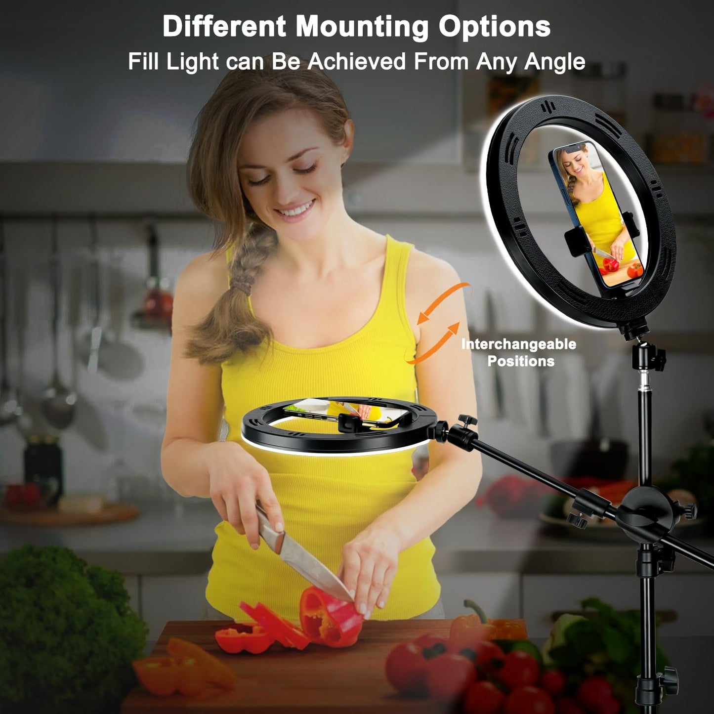 OYTKRD 10'' Ring Light Tripod for iPhone, Selfie Ring Light with Stand for iPhone, Overhead Phone Mount with Light, Phone Light for Cooking Videos/Live Streaming/Video Recording