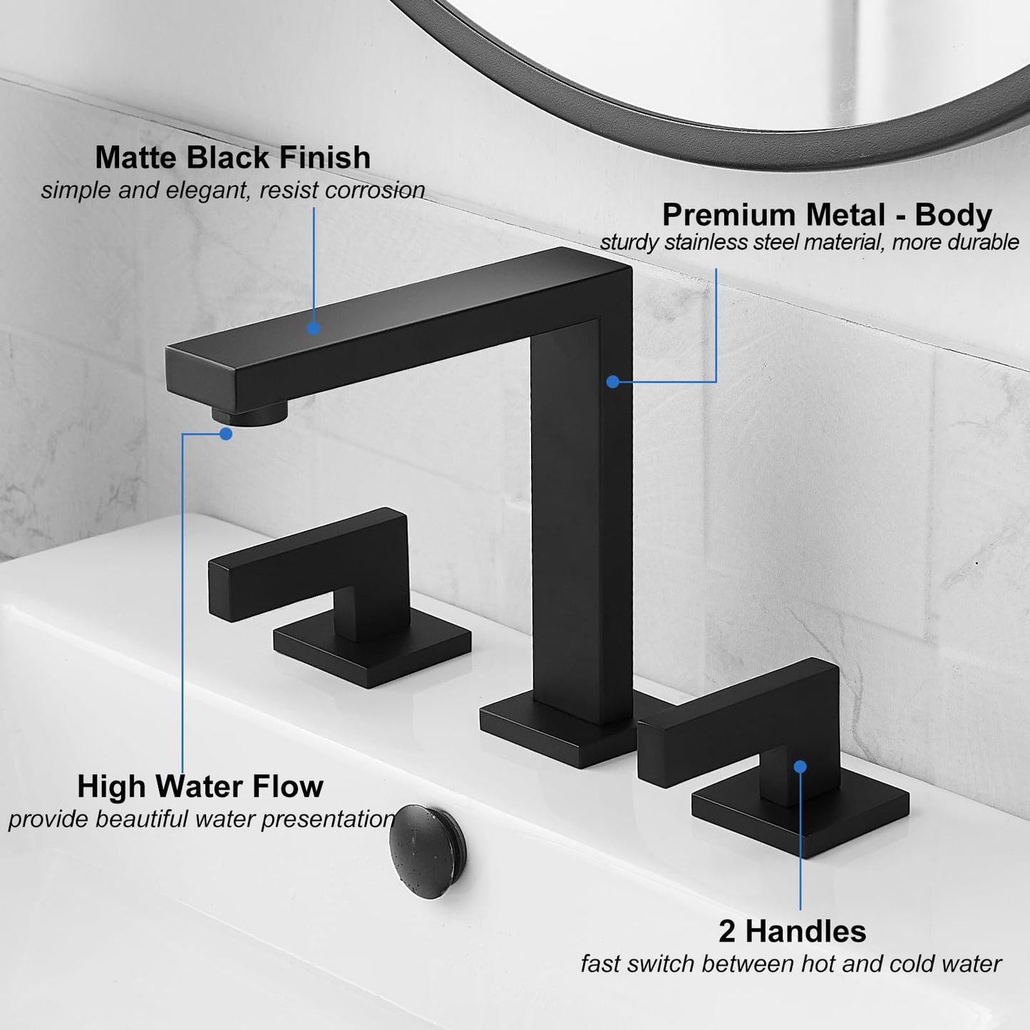 RUMOSE 8 inch Widespread Matte Black Bathroom Faucets for Sink 3 Hole Stainless Steel 2 Handle Lavatory Square Faucet Modern RV Bathroom Faucets with Pop Up Drain Vanity Faucet Deck Mounted