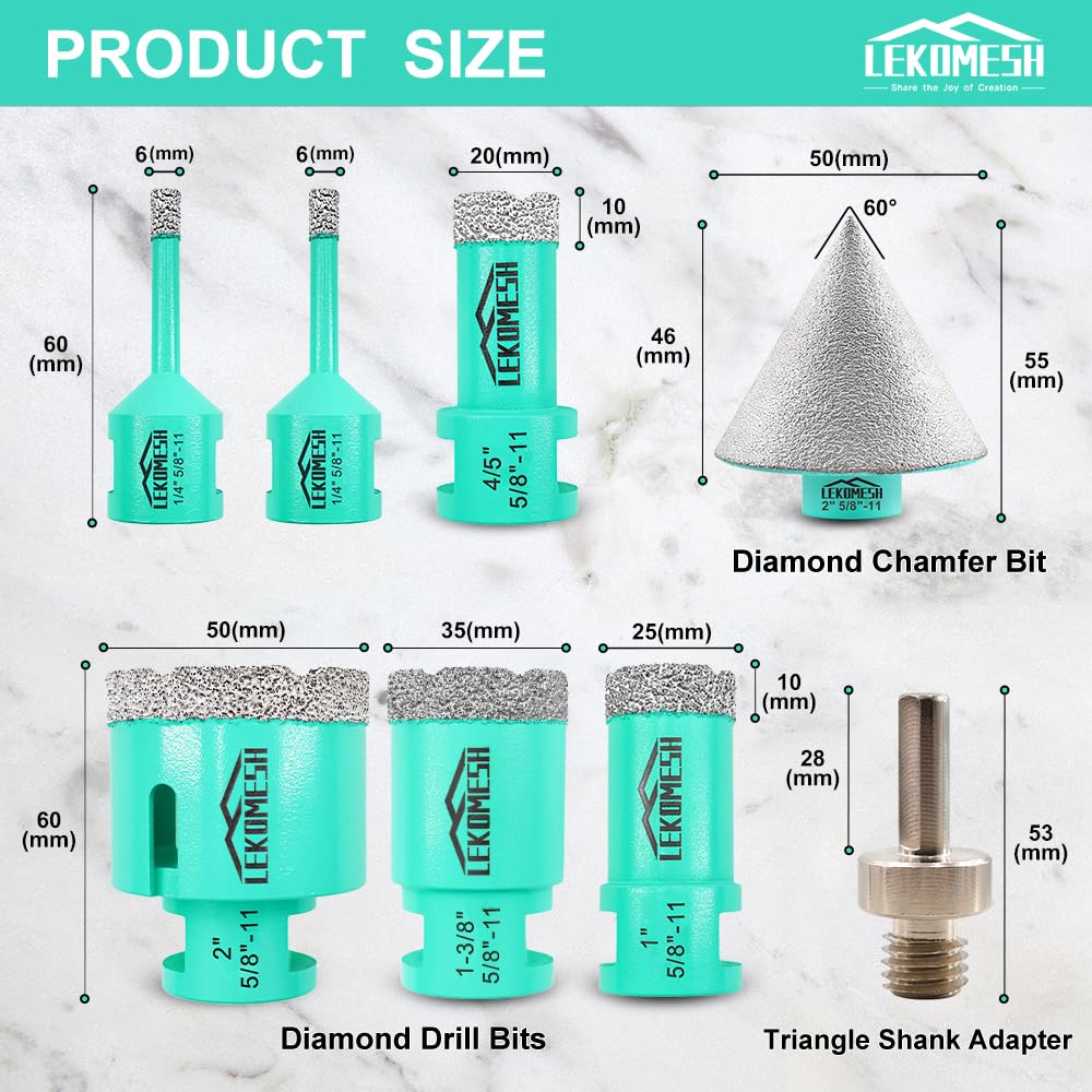 LEKOMESH Diamond Core Drill Bits Set 8pcs Tile Hole Saw Kit for Porcelain Tile Ceramic Marble Brick Concrete with 5/8-11 Thread(6/6/20/25/35/50mm+50mm Beveling Chamfer Bit+Triangle Shank Adapter)
