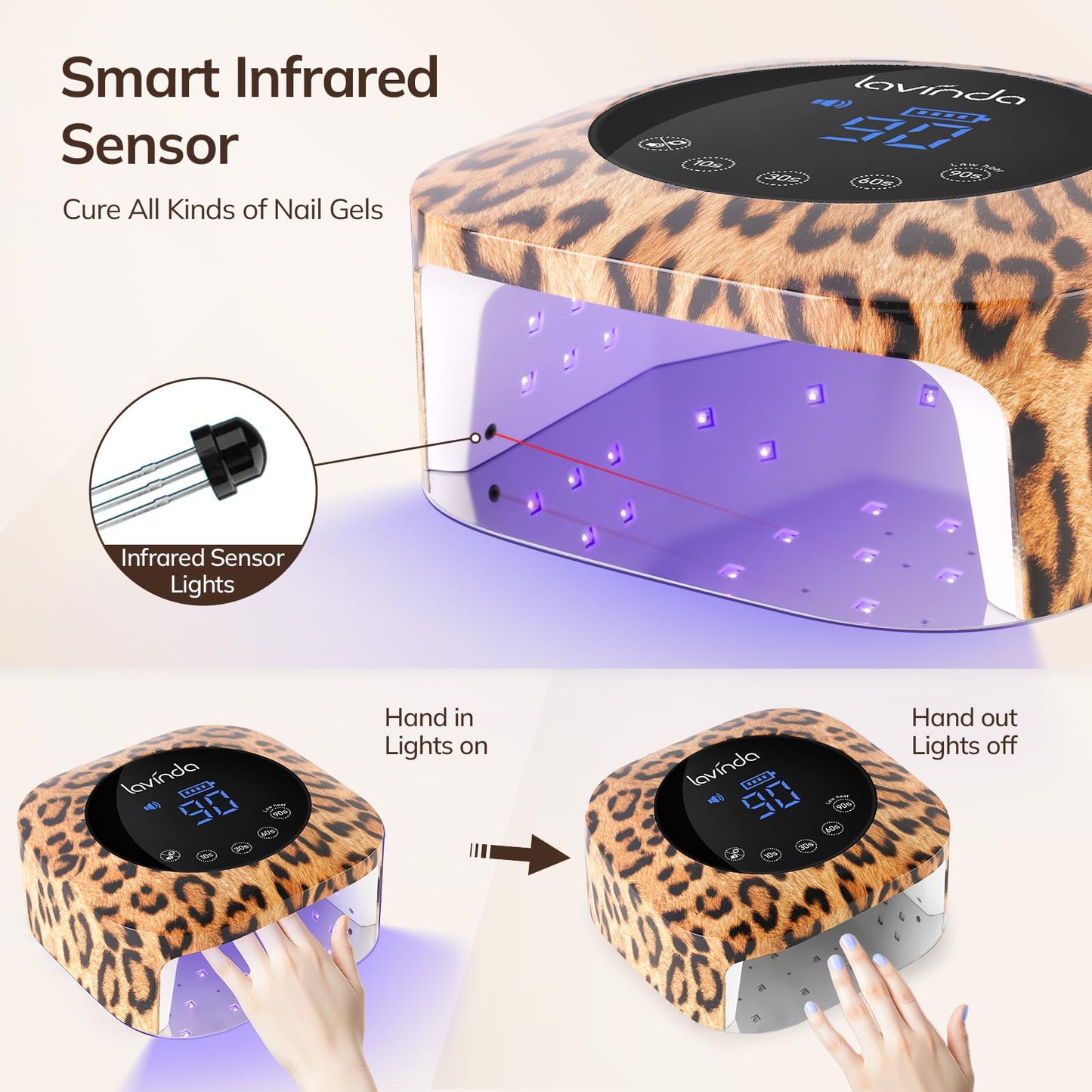 Lavinda UV LED Nail Lamp UV Light for Gel Nails 54W Cordless Rechargeable Nail UV Lamp Nail Light with 4 Timer, 2X Faster Professional Nail Polish Curing Lamp Nail Dryer for Salon Use-Leopard