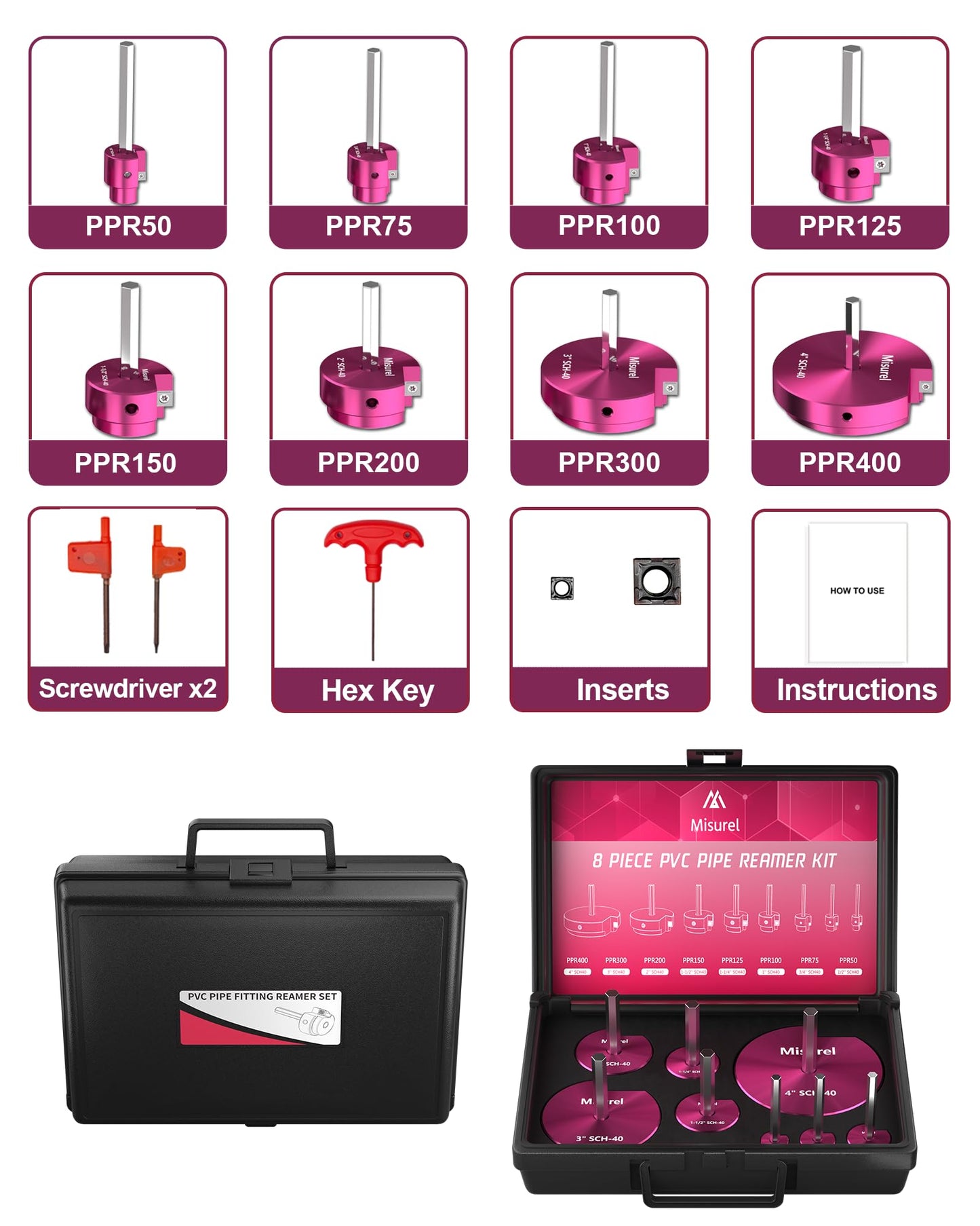 8 Pcs PVC Pipe Reamer Kit With 1/2 inch, 3/4 inch, 1 inch, 1-1/4inch, 1-1/2inch, 2inch, 3inch, 4inch, 2 Carbide Inserts, Aluminum PVC Fitting Saver, Plumbing tools for SCH40