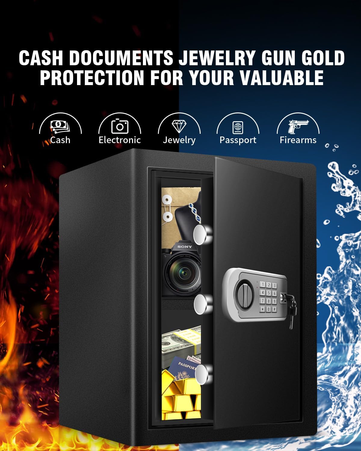 2.4 Cub Home Use Safe Box Fireproof Waterproof, Fire Proof Safe with Digital Keypad Sensor Light Key for Hotel Office Money Documents