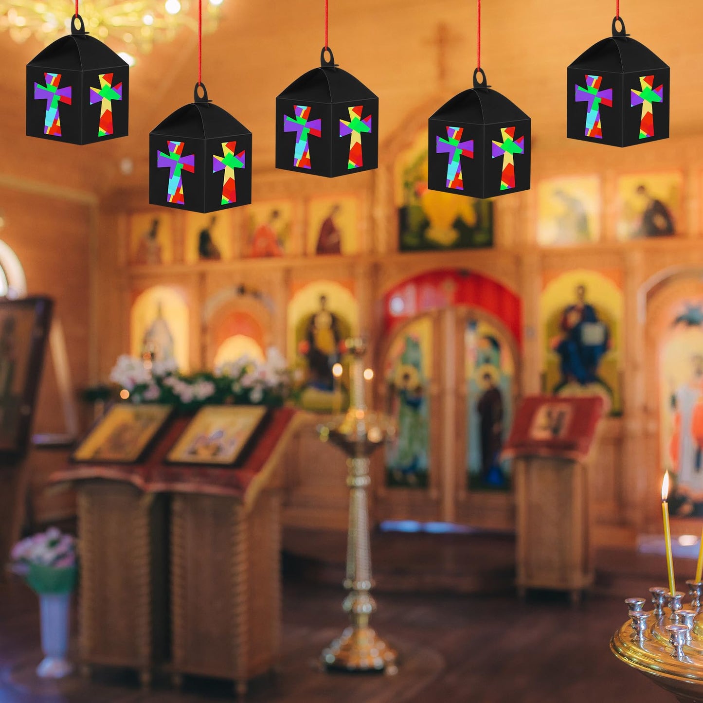 VIHOSE 16 Sets Religious Craft Kits Religious Lanterns Craft Bulk Suncatcher Kits Religious Cross Ornaments Christian DIY Tissue Paper Kits for Sunday School Classroom Art Home Church