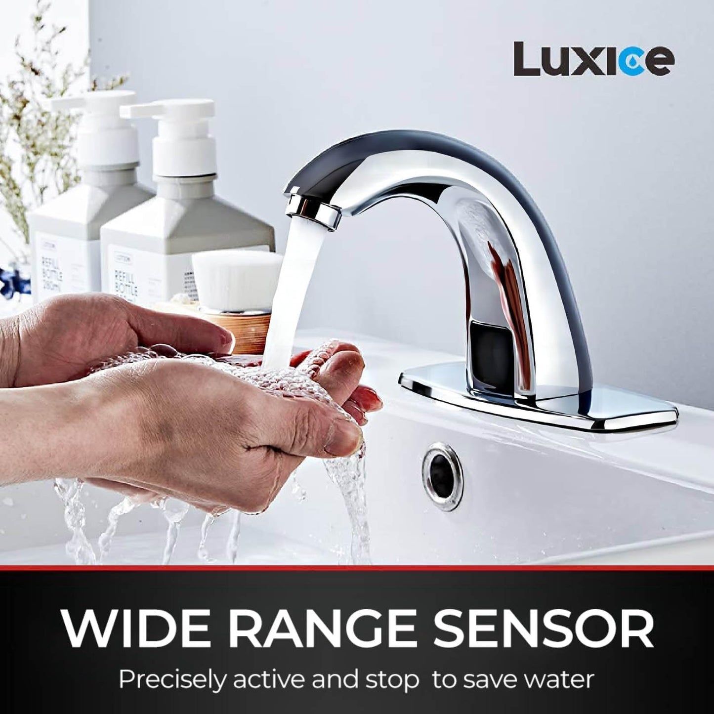 Luxice Touchless Bathroom Sink Faucet - Automatic Motion Sensor Faucet - Battery Opertated for Commercial Lavatory, Chrome