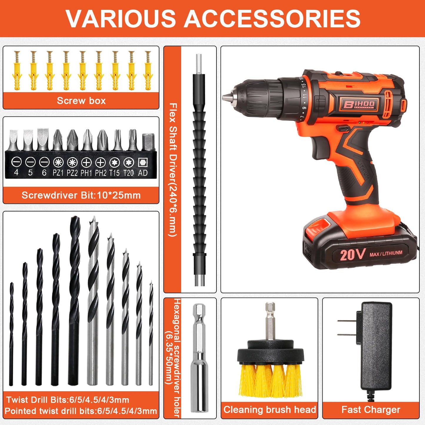 20v Drill Driver Set,Cordless Drill with Battery and Charger,LED Tools Kit,25+1 Torque Setting and 43pcs Bits