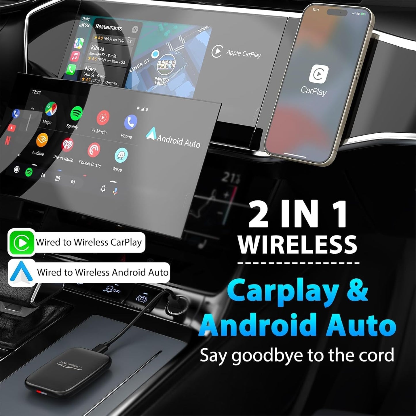 2025 Upgraded Wireless CarPlay and Android Auto Adapter -Built in YouTube Support TF Card,Magic Car Play AI Box Convert Wired to Wireless Dongle, Apple Carplay Adapter for Cars from 2016