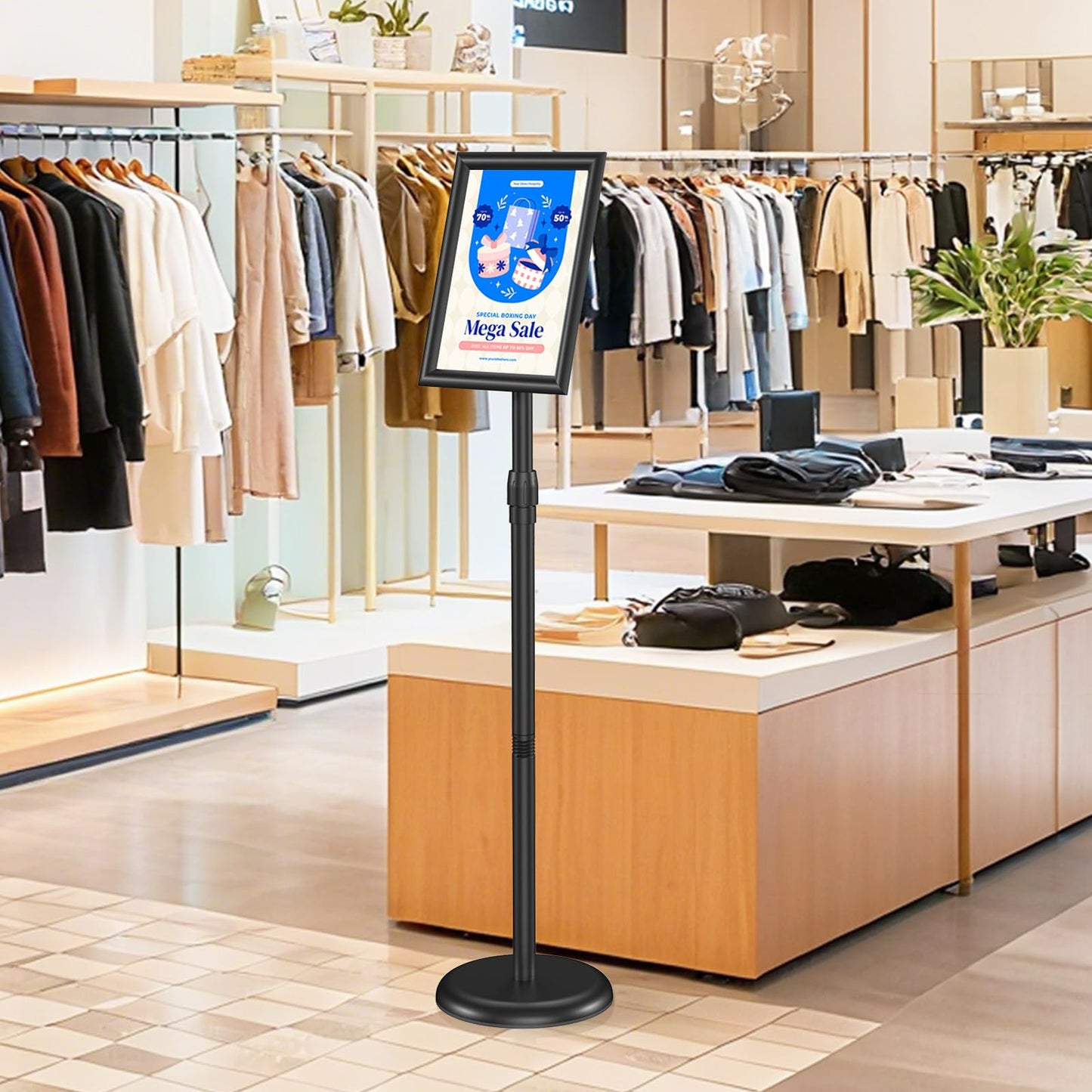 Hemndic Sign Stand 11x17 inch, Adjustable Floor Standing Sign Holder, 360° Rotation Sign Holder Stand with Snap-Open Frame, Outdoor Indoor Pedestal Sign Holder Display