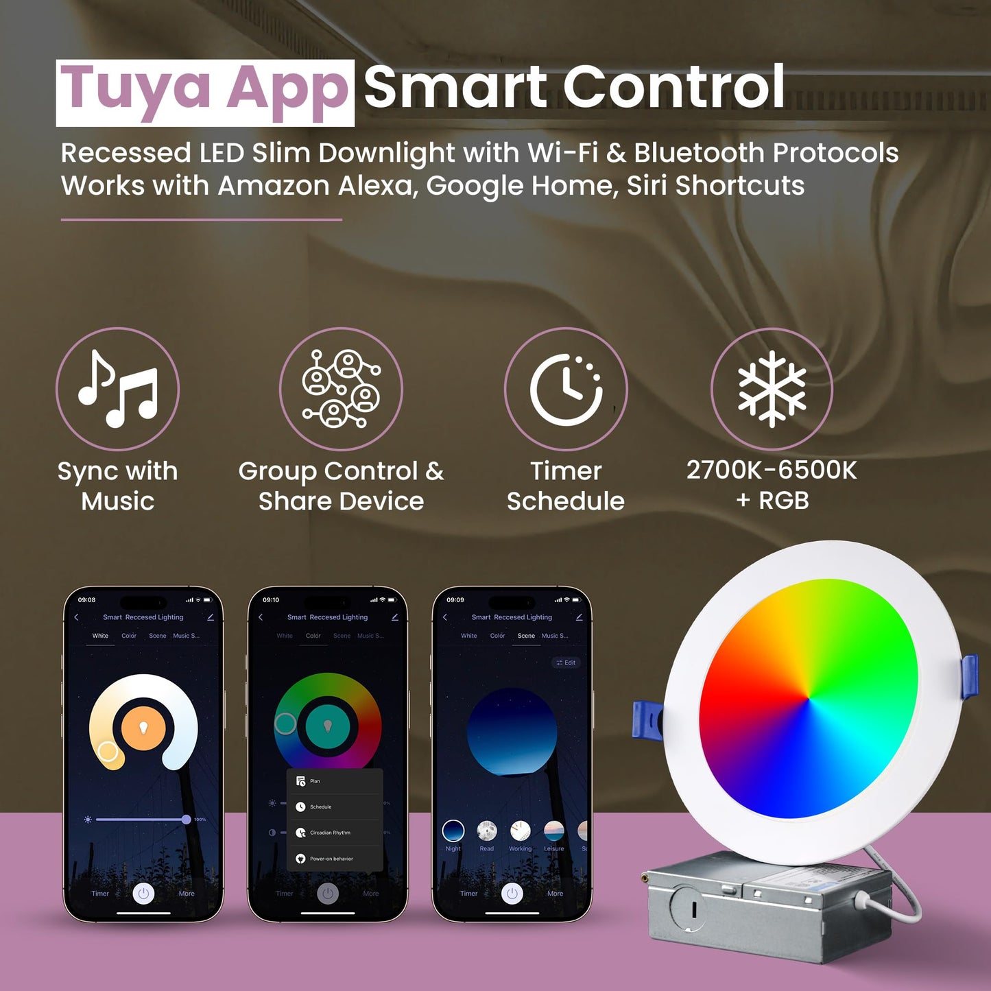 Oizuon LED Recessed Lighting 6 Inch β 96 LED 5CCT 2700Kβ6500K Canless Wafer Downlight 16M Colors, Music Sync, Smart App & Voice Control, 1100 Lumens Dimmable RGBCW, Timer for Home & Kitchen β 6 Pack