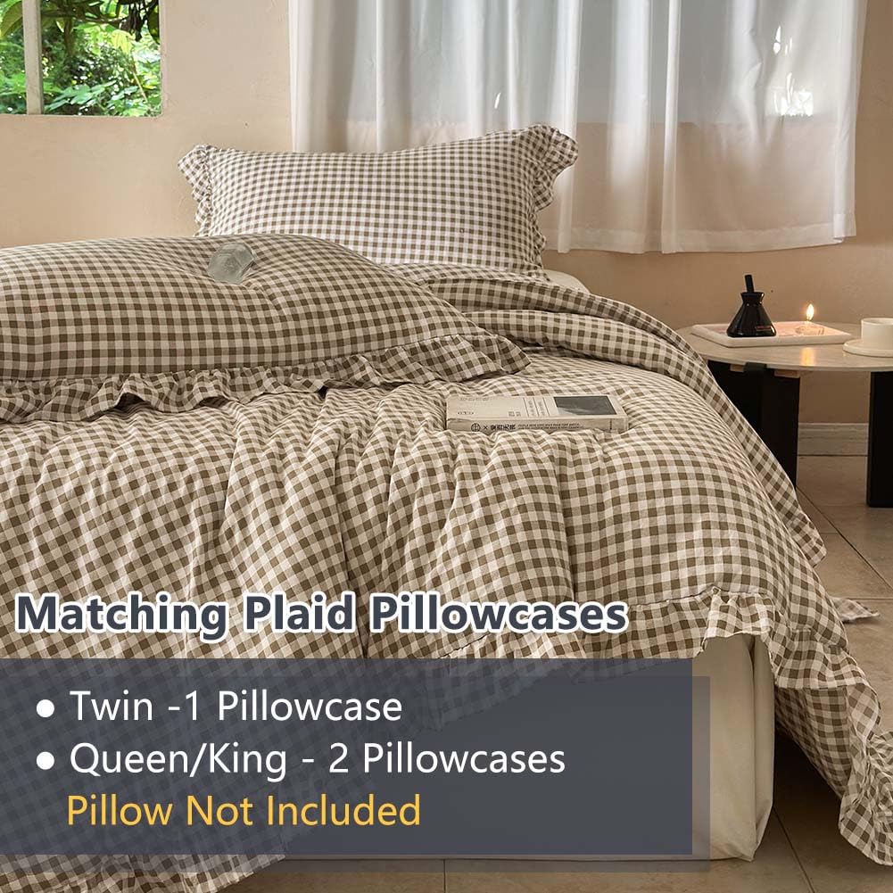 NSNLGSGC Tan Ruffle Gingham Comforter Set Queen, Pre-Washed Ruffled Taupe Plaid Checked Comforter Bedding, 3 Pieces Vintage Farmhouse Grid Bedding Set(Tan Gingham, Queen)