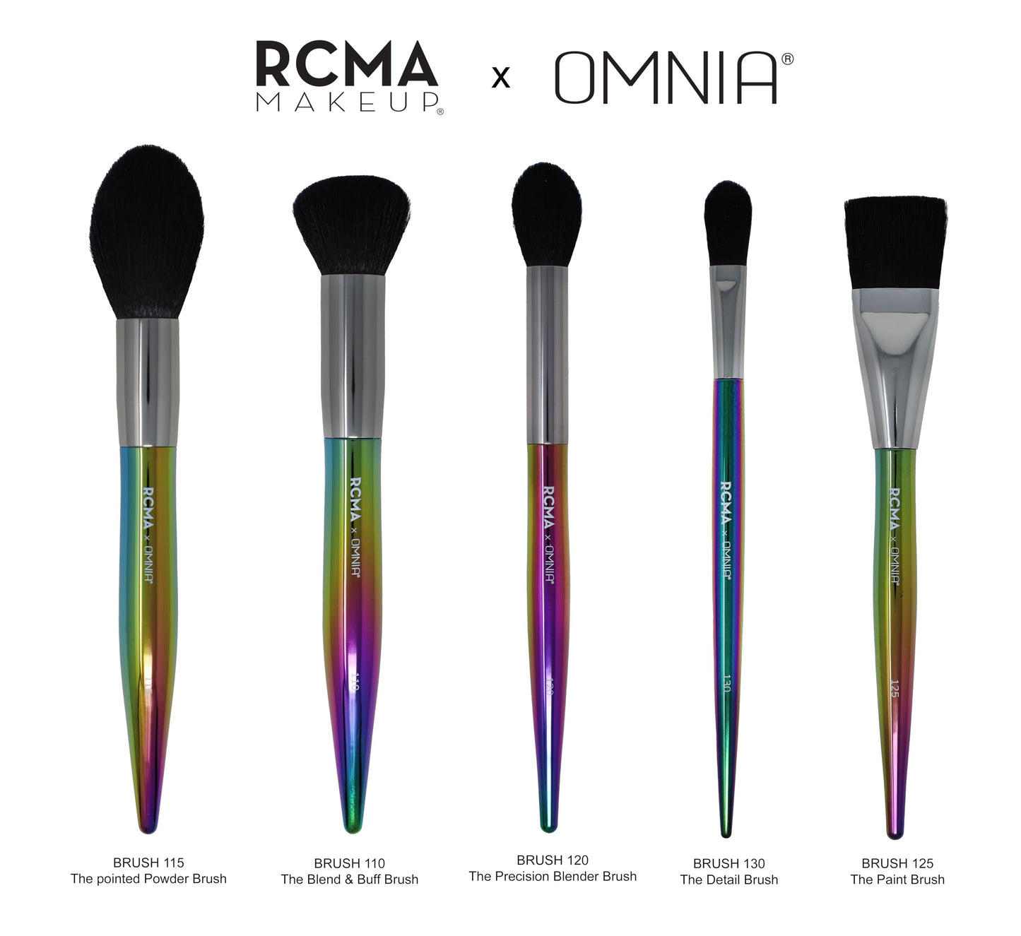 RCMA Makeup x Omnia Professional Brush Set 5pc | Premium | Synthetic Fibers | Iridescent Acrylic Handle | Face Powder, Complexion and Foundation Brushes