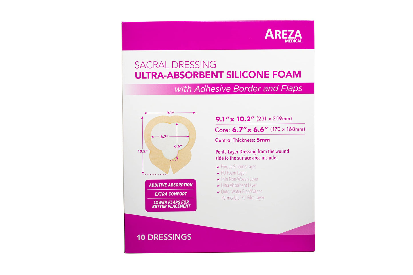 Areza Medical - Silicone Foam with Super-Absorbent Layer - Wound Dressing - Waterproof - with Adhesive Border - Sterile - Designed for Sacral Wounds - 9.1" x 10.2" - 10 PCS per Box - FSA/HSA Approved