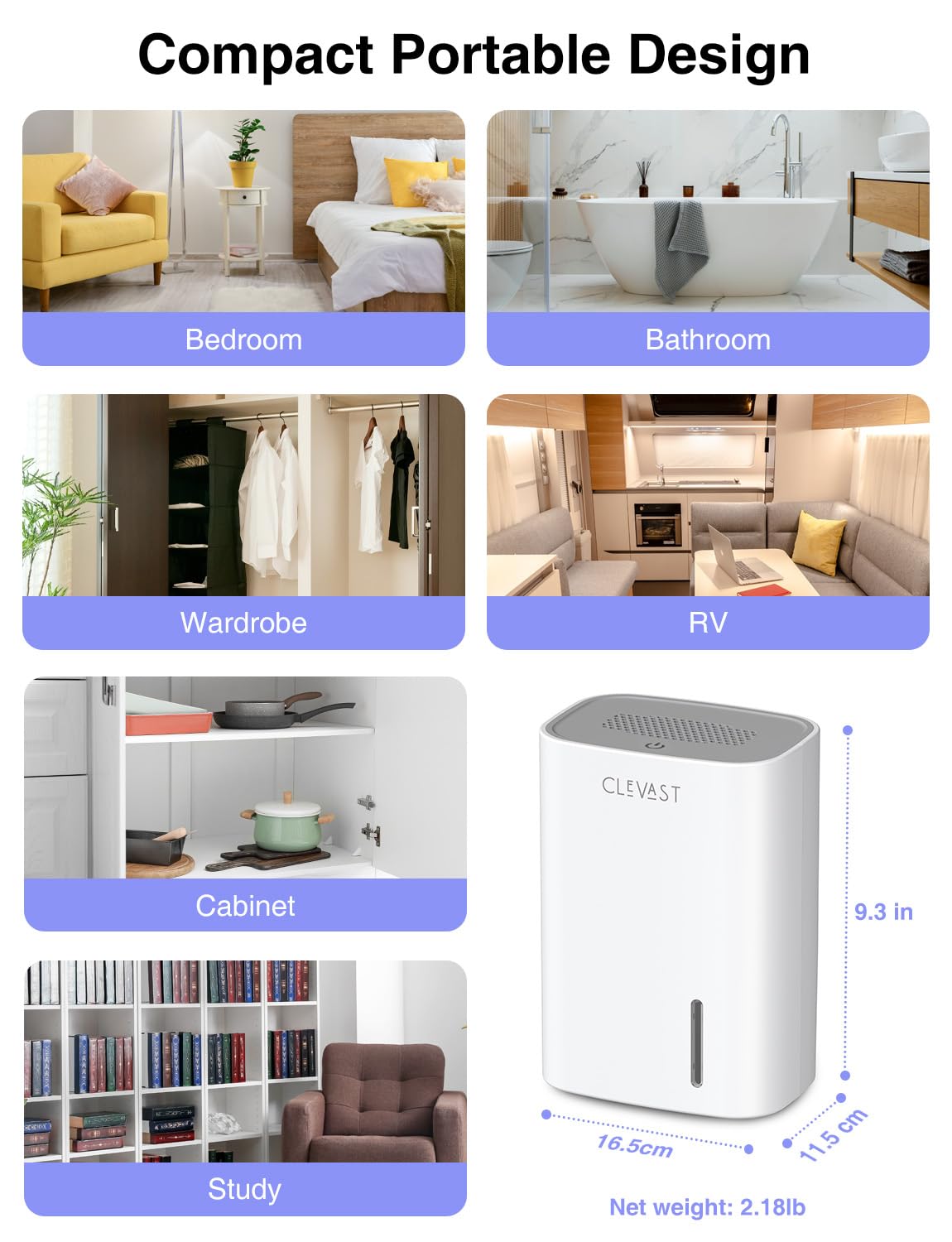 CLEVAST Small Dehumidifier for Home, 30oz Compact Mini Dehumidifier with Auto Shut-Off, Quiet 24dB Portable Air Dehumidifier for Bathroom, Bedroom, Closet, Camper