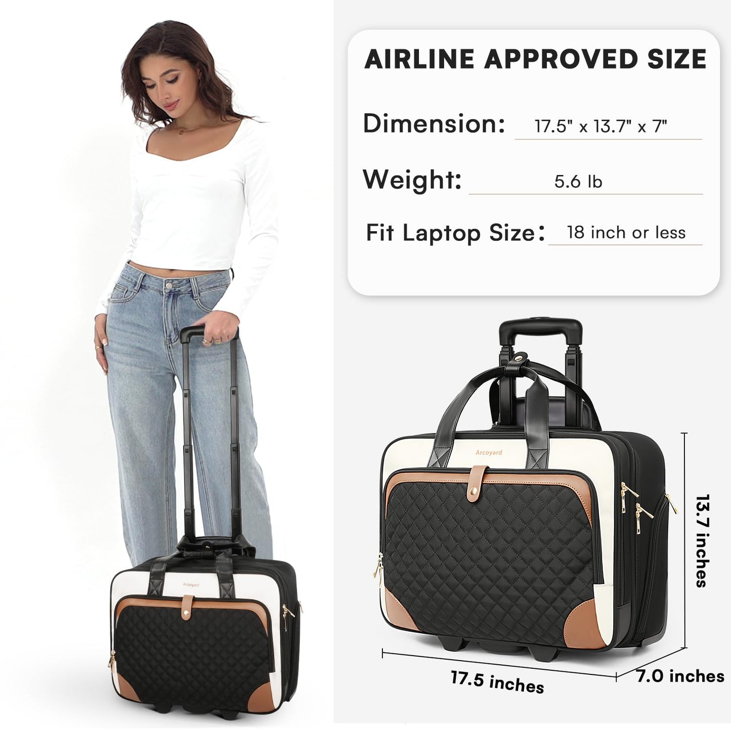 Arcoyard Rolling Laptop Bag, Rolling Briefcase for Women with Waterproof Pocket, 17.3 Inch Computer Bag, Underseat Carry On Luggage with Wheels for Work Travel Business, Lightweight Beige Brown