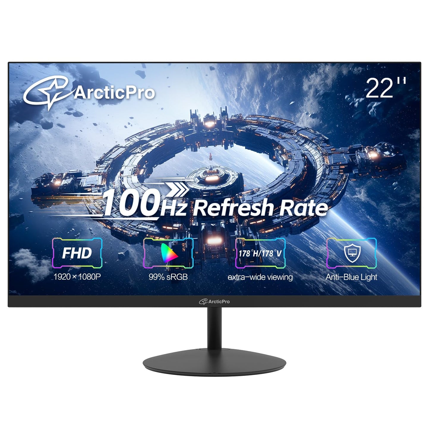 ArcticPro 22inch Computer Monitor, FHD 1080p, 100Hz Office and Gaming Monitor, 4ms Response Time, 3-Sided Frameless, Ultra Slim, VESA Mountable, Anti-Blue Light Design, HDMI, VGA,