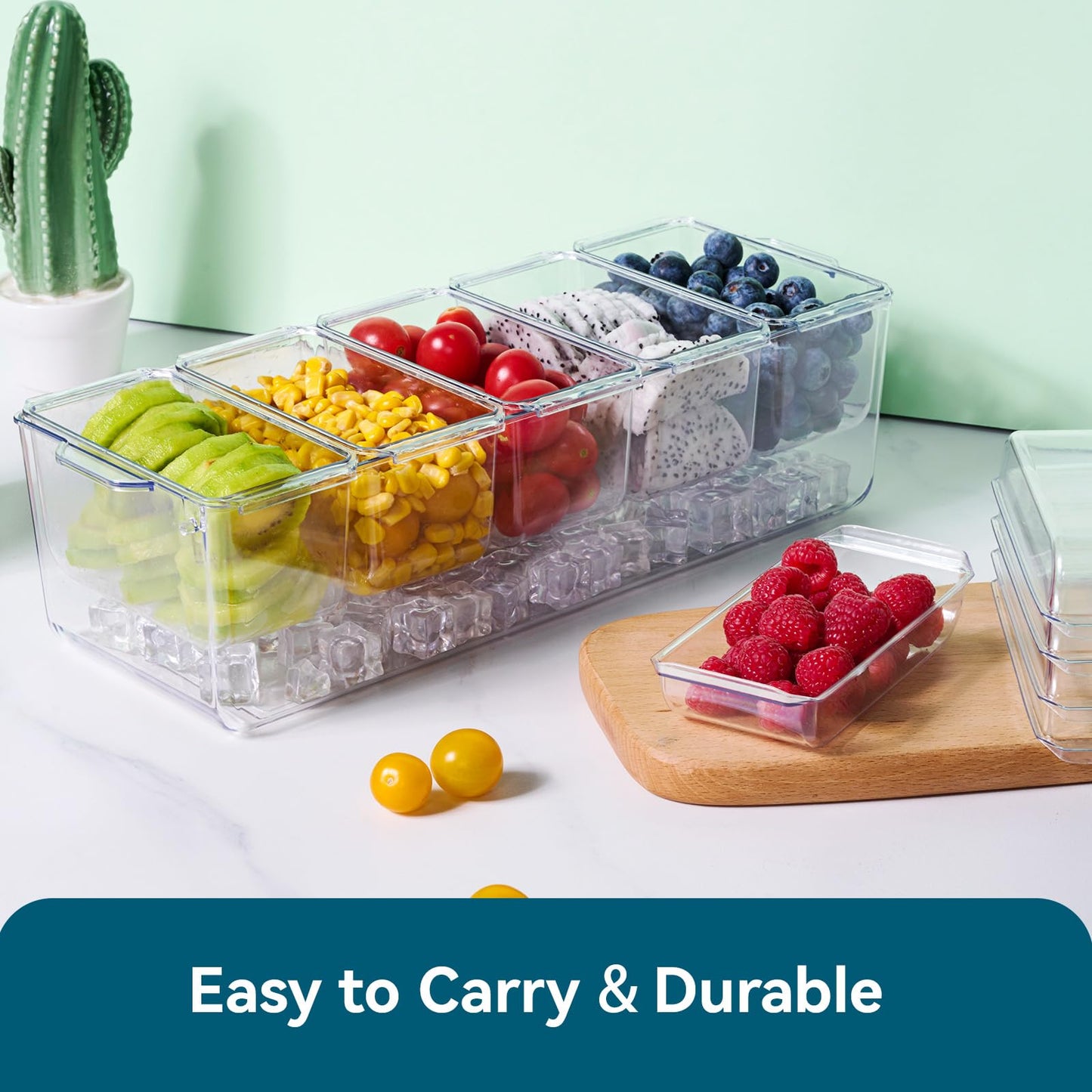 2 Pack Chilled Condiment Tray Server with 5 Containers and Removable Compartments, Large Ice Condiment Organizer, Clear Garnish Serving Platter for Kitchen, Fruit, Salad, Food, Bar Accessories