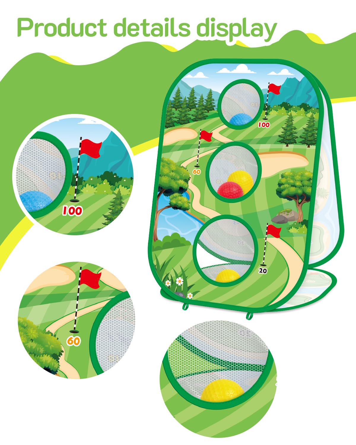 YSZZYSM 4-in-1 Kids Golf Games Set with Club, Putting Mat, Chipping Net, Multiple Game Modes, Cornhole Board Set, Indoor & Outdoor Practice