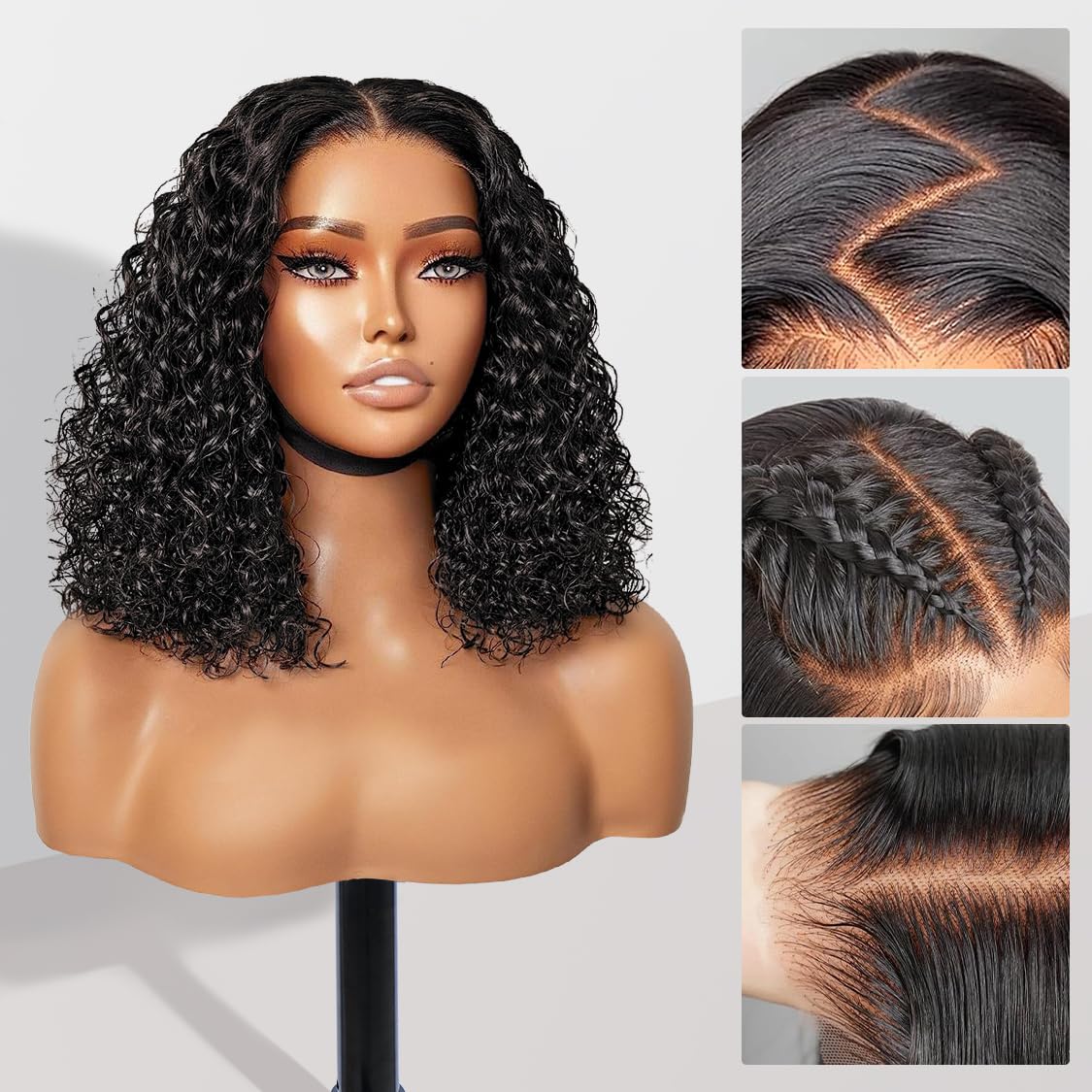 Xinjiju Wear and Go Glueless Wigs Human Hair Pre Plucked Pre Cut 6x4 Short Curly Bob Lace Front Wigs for Black Women Natural Hairline Water Wave Lace Front Wigs 200% Density 14 Inch