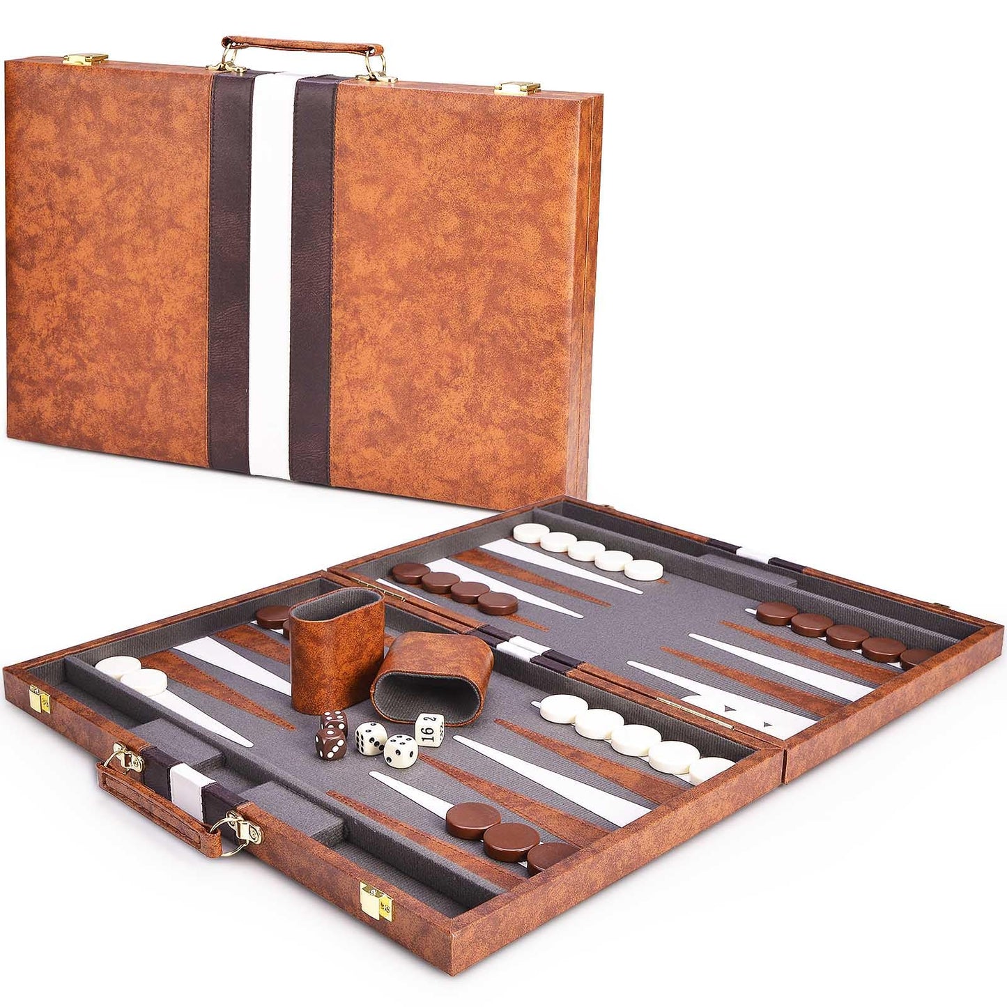 AMEROUS Backgammon Set, 18 Inches Classic Board Game withLeather Case, Folding Board, Gift Package, Portable Travel Strategy Backgammon Game Set for Adults, Kids (Large, Brown)