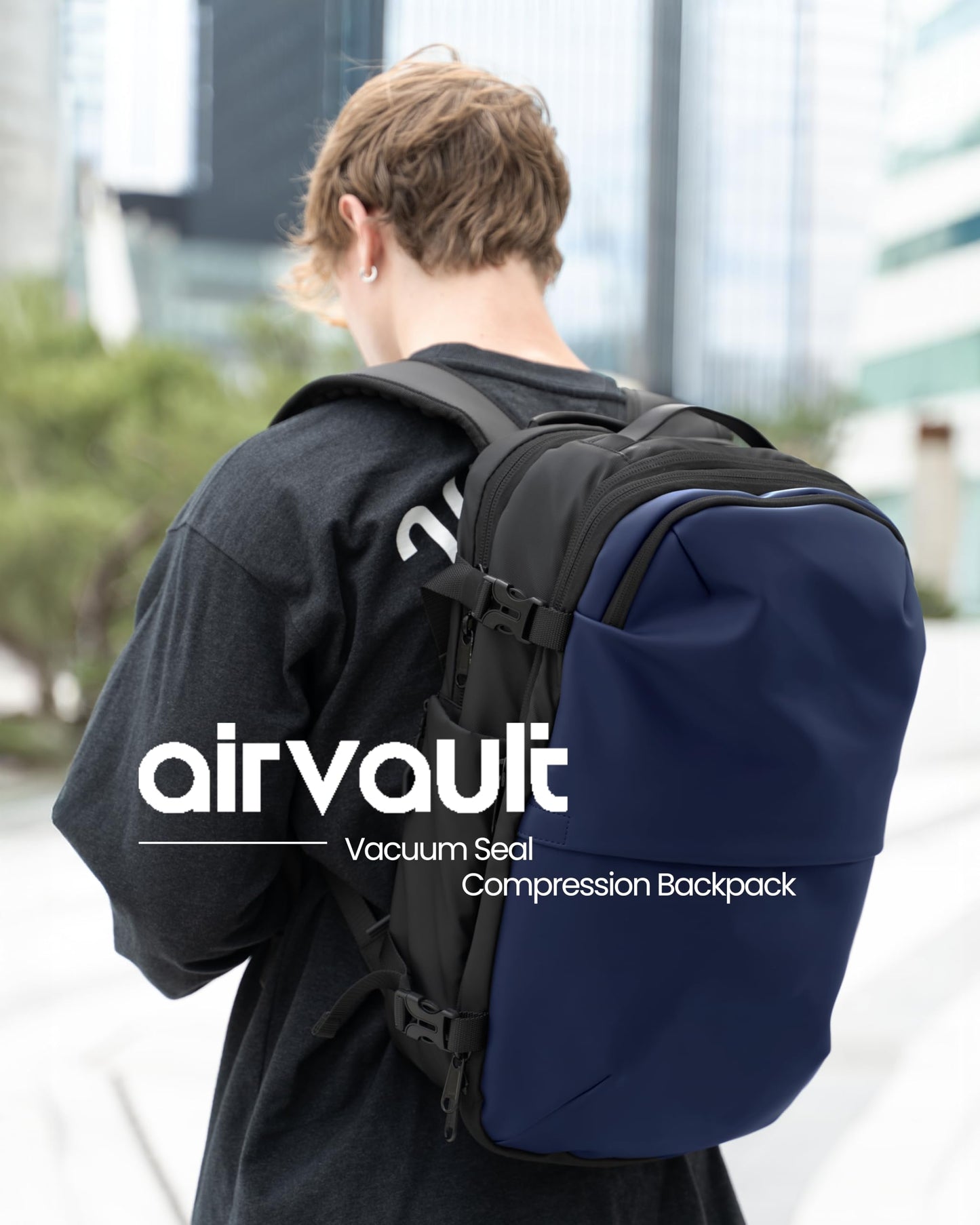 AirVault Voyage Vacuum Seal Travel Backpack 60L with Exapandable Vortex Air Compression Vacuum System Airback SpaceVacPro VacPack Water Resistant TSA Lock with Air Pump Blue