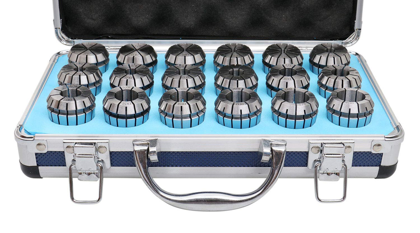 Accusize Industrial Tools - Precision ER32 Collet Set, 18 Pcs, Sizes 3/32'' to 25/32'', High Accuracy, Durable Storage Box, 0223-0880