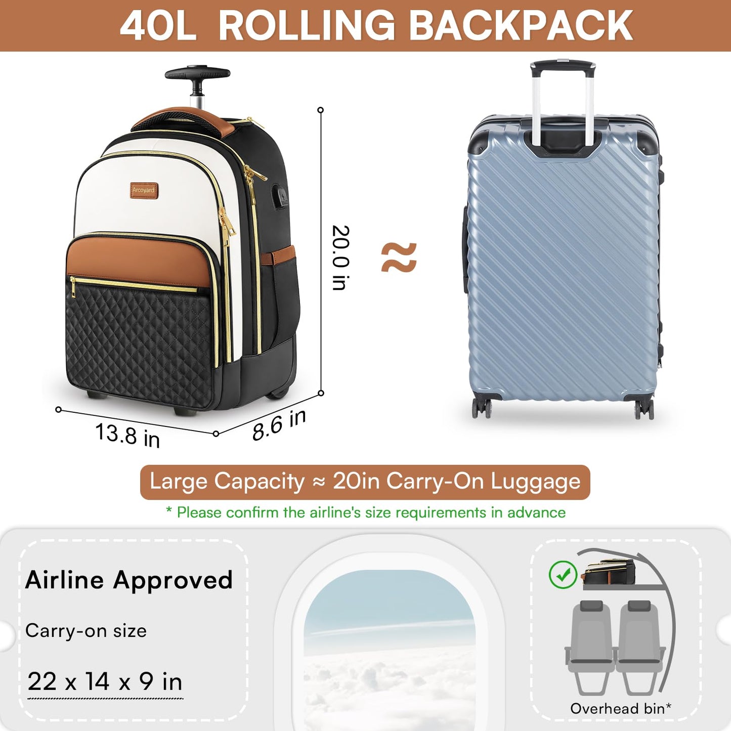 Arcoyard Rolling Backpack Carry On Luggage For Adults With Wheels, 40L Wheeled Backpack For Women, Travel Roller Bag, Beige Brown