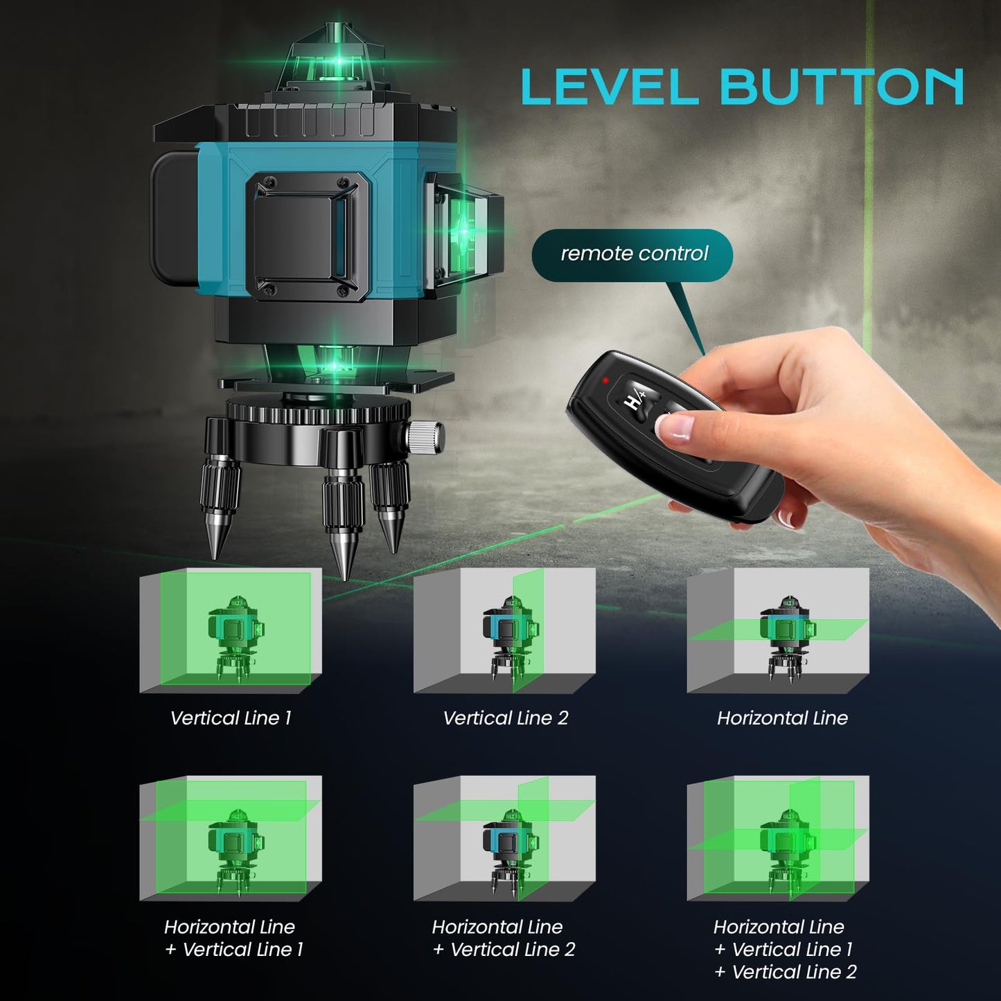 16 Line Laser Level 360 Self Leveling, 4x360°Professional 4D Green Cross Line laser Level with 2 Batteries, Adjustable Brightness & Remote Control, for Tiling Floor Construction and Picture Hanging