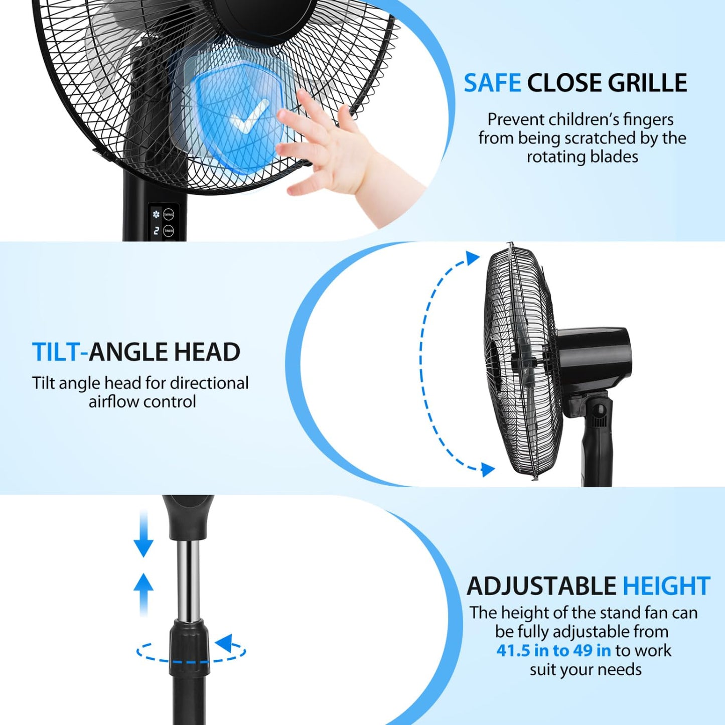 Aigostar 7-Blade Pedestal Fan Oscillating with Remote, 16" Standing Fan for Bedroom, 9H Timer, 3 Speeds, 3 Modes, Adjustable Height and Tilt, Floor Fan for Living Room, Kitchen, Home, and Office