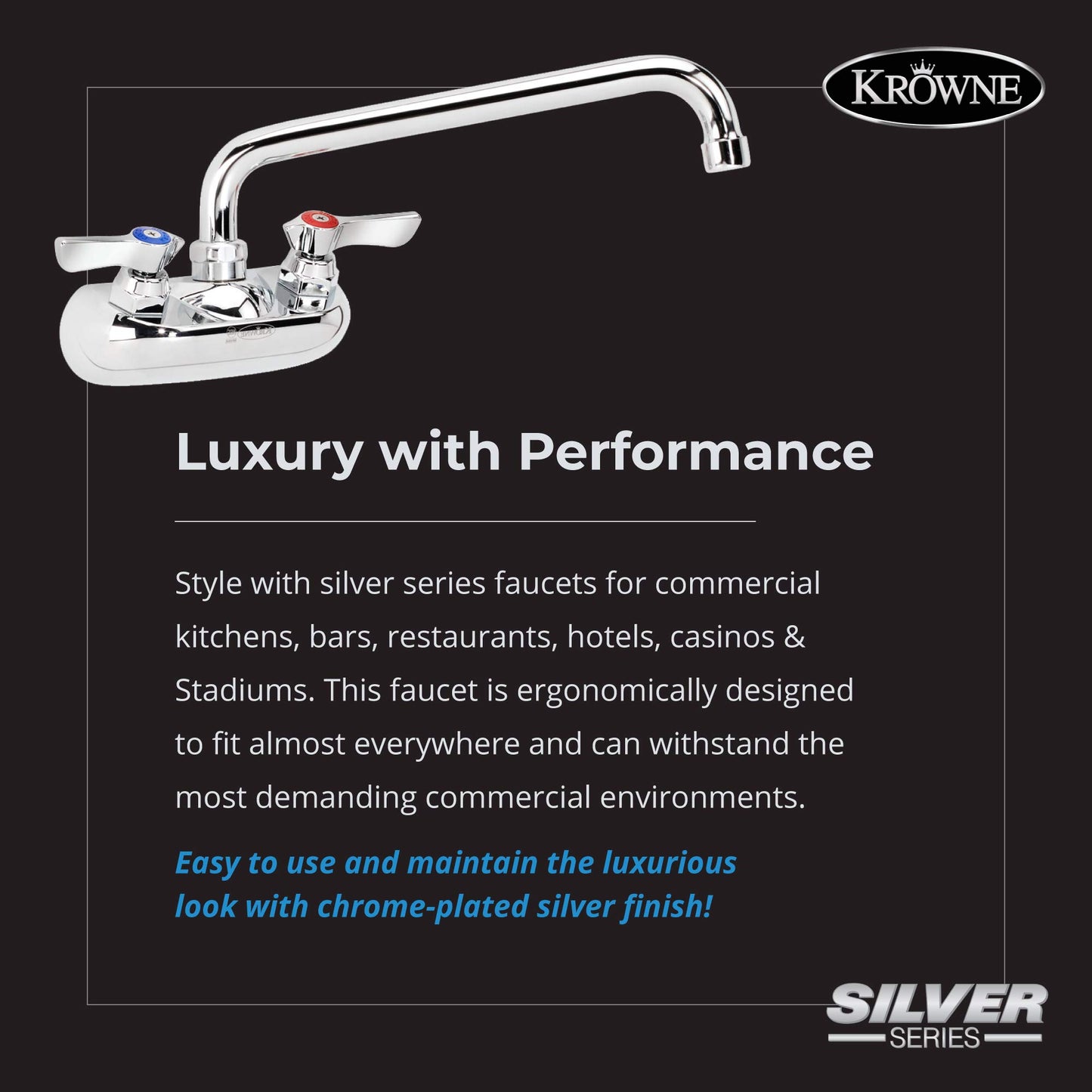Krowne Silver Series 10-410L Wall Mount Kitchen Faucet with 4” Center Mount 10" Swing Spout and 1/2" NPS Male Inlets for Utility Sink Commercial Food Industry Restaurant | 10"L x 8"D, Chrome, NSF