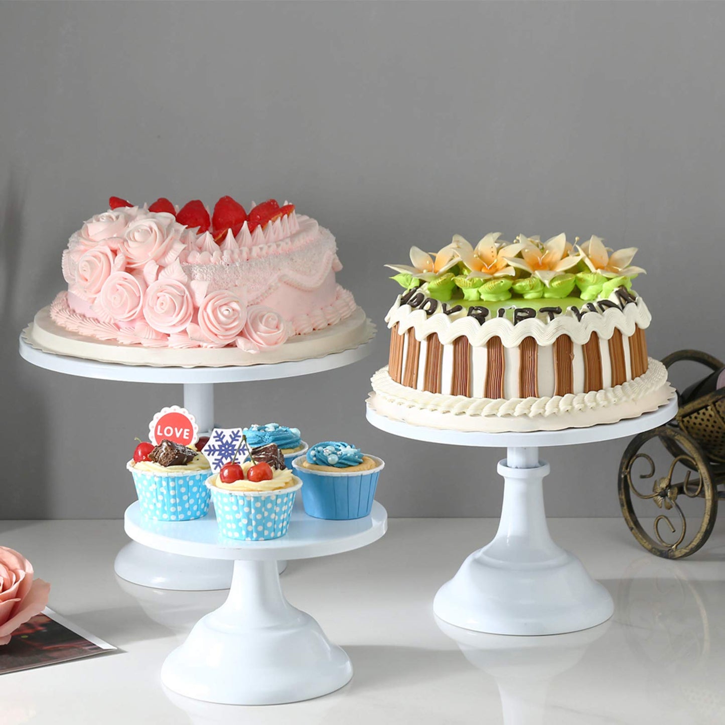 yarlung 3 Pack Metal Cake Stands, 8/10/12 Inch Pillar Style Cupcake Display Stand Dessert Trays for Wedding, Party, Birthday, Gatherings, White
