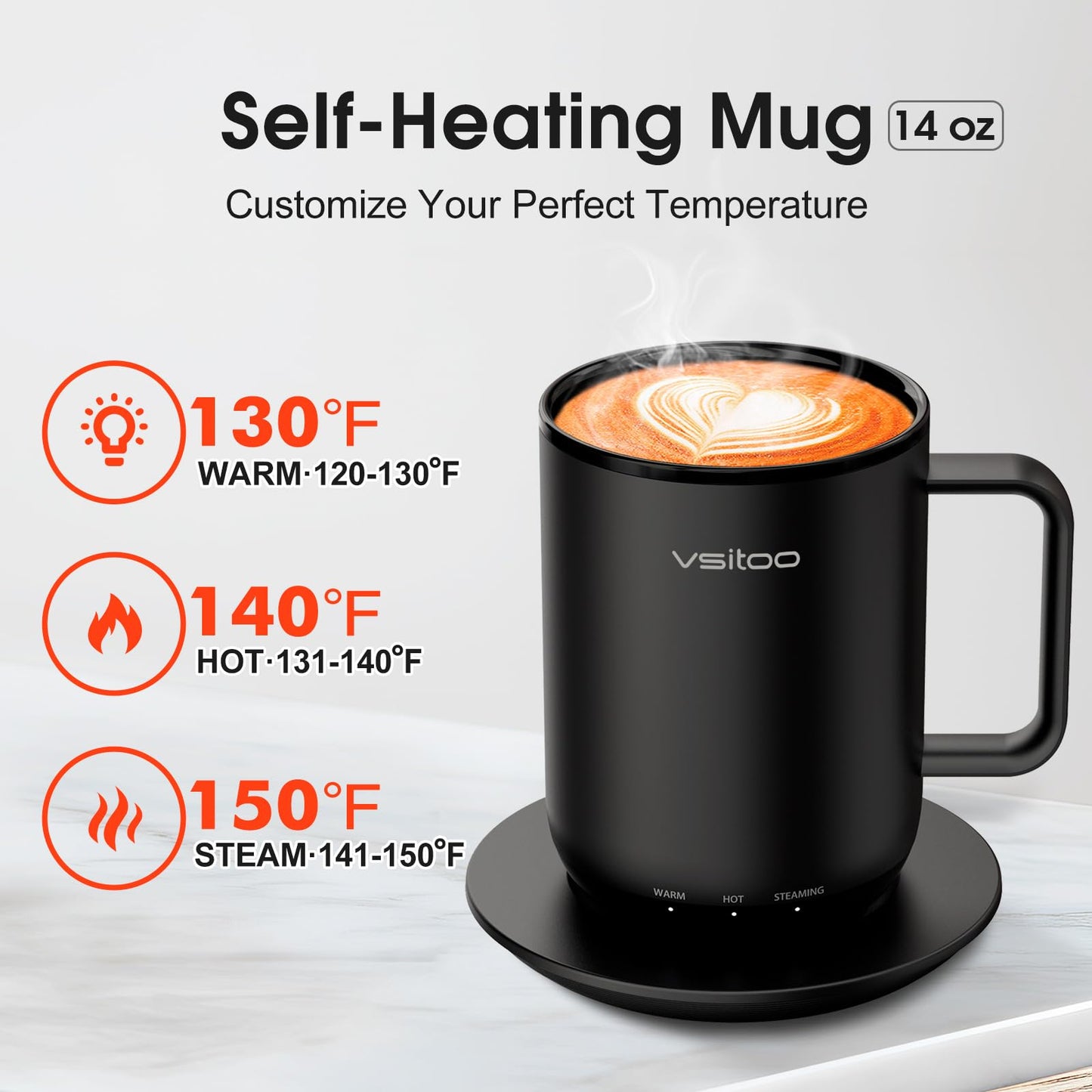 Vsitoo S3 Plus 14 oz Heated Coffee Mug – Smart Mug with App & Button Control, Electric Coffee Mug with 2–4H Battery, Ideal for Hot Drinks at Home, Office, or Gift Use, Black