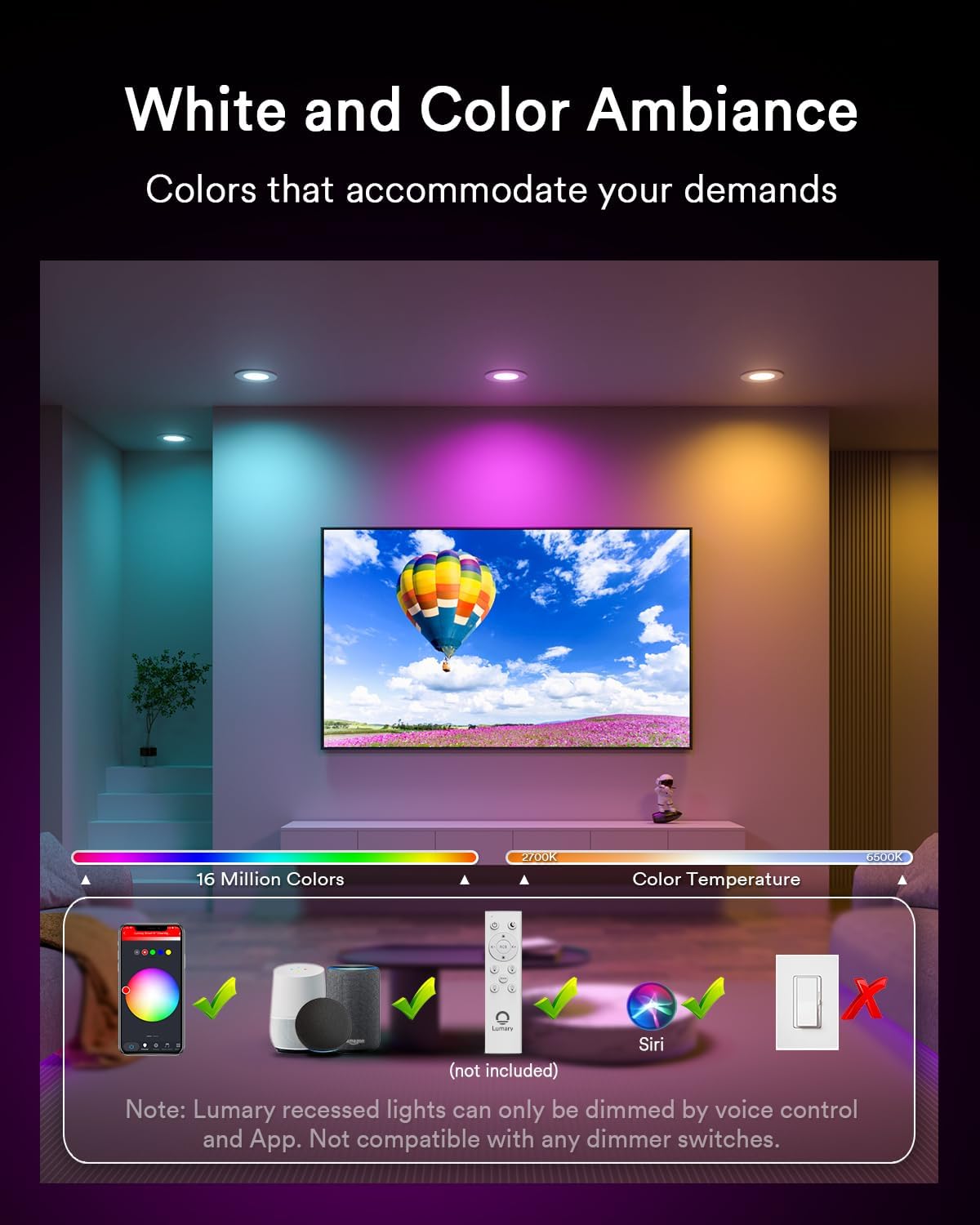 Lumary 3 Inch Smart LED Recessed Light, Ultra-Thin 7W WiFi Bluetooth Ceiling Downlight, Canless w/Junction Box, Whitie Shades Color Changing, Compatible with Alexa/Google/Remote-Not Included, 4 Pack