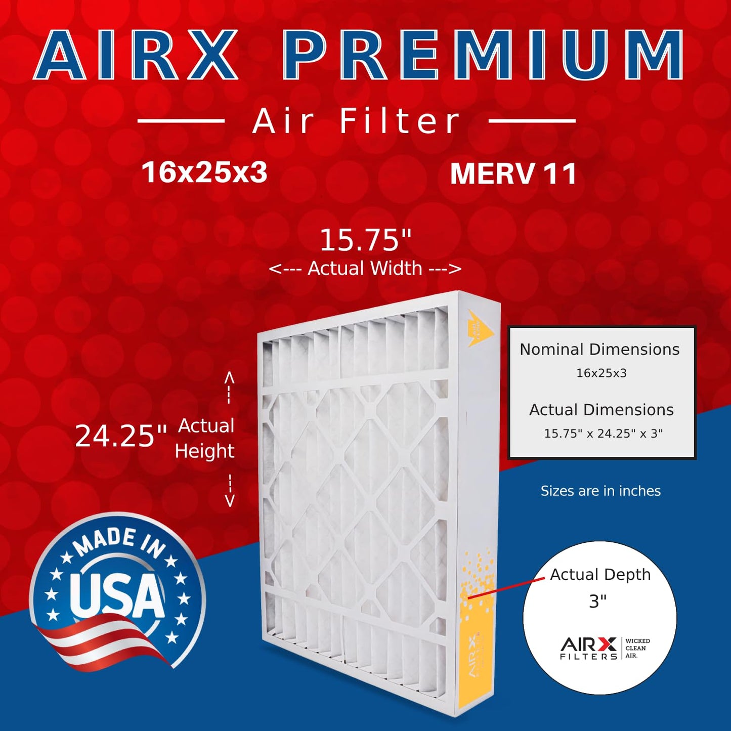 AIRX FILTERS WICKED CLEAN AIR. 16x25x3 Air Filter MERV 11 Compatible with Air Bear 255649-101 Furnace Filter 3 Pack