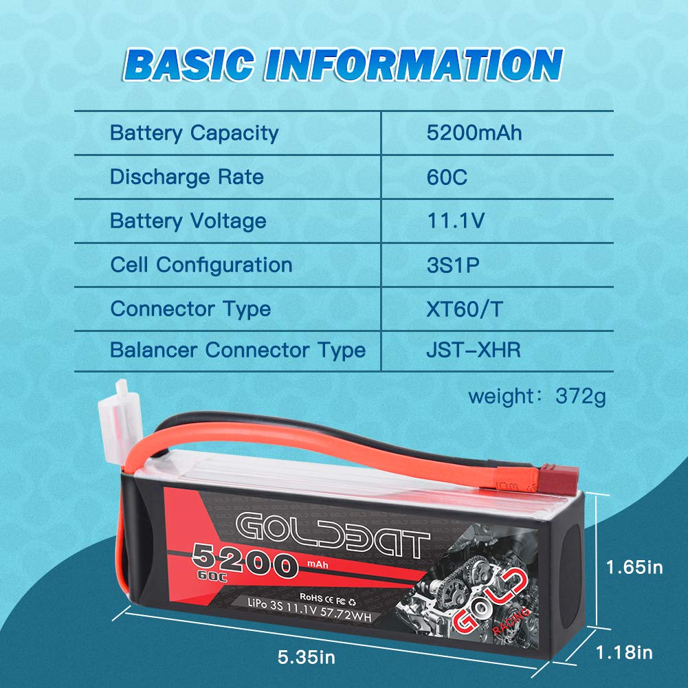 GOLDBAT LiPo RC Battery 5200mAh 3S 60C 11.1V LiPo RC Short Battery with Deans Connector Softcase Pack for RC Car Truck Quadcopter Airplane Helicopter Boat (2 Packs)