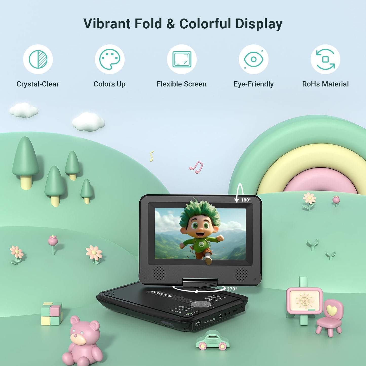 9.5" Portable DVD Player for Kids and Car with 7.5" Swivel Screen, 4-6 Hours Working Time, Car DVD Player with Dual Speakers, Remote Control, Support Sync TV, Region Free USB/SD/AV