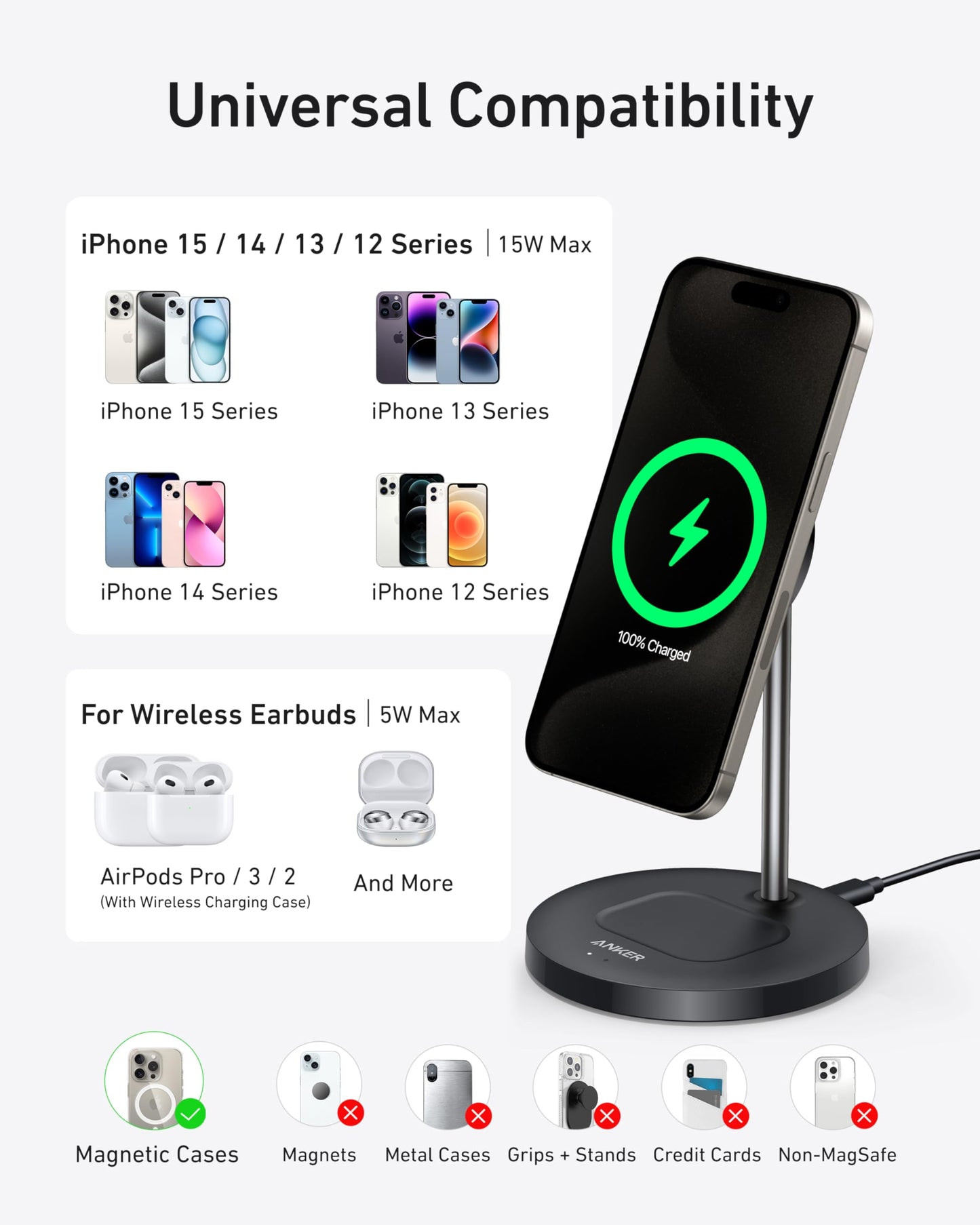 Anker MagSafe Compatible MagGo Charger Stand, iPhone 16 Wireless Charger, 2-in-1 Charging Station, Qi2 Certified 15W Wireless Charger Stand, for iPhone 16/15/14/13/12, AirPods Pro (No Wall Charger)